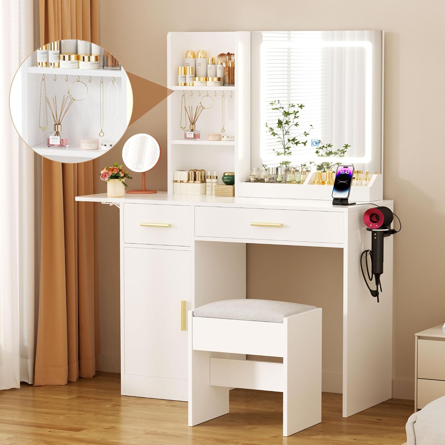 ERLEJIA Vanity Desk with Mirror and Lights & Extral Foldable Desk, 31.5' & 39.3' Makeup Vanity Table with 4 Drawers and 3 Open Shelves, Dressing Table for Bedroom, White