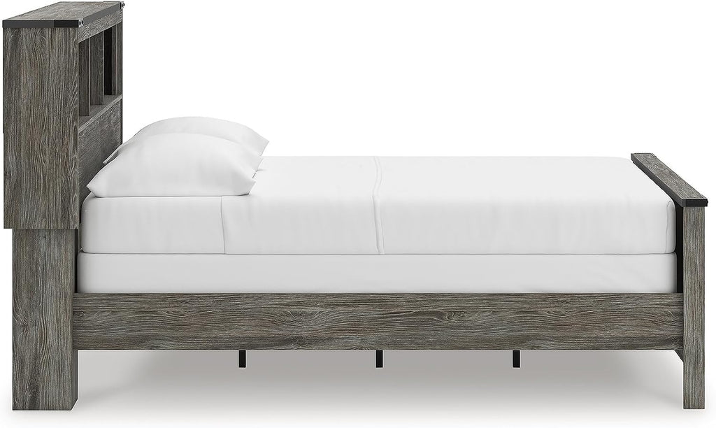 Signature Design by Ashley Frandern Rustic Bookcase Panel Bed with Nailhead Accents, Foundation or Box Spring Needed, Full, Gray