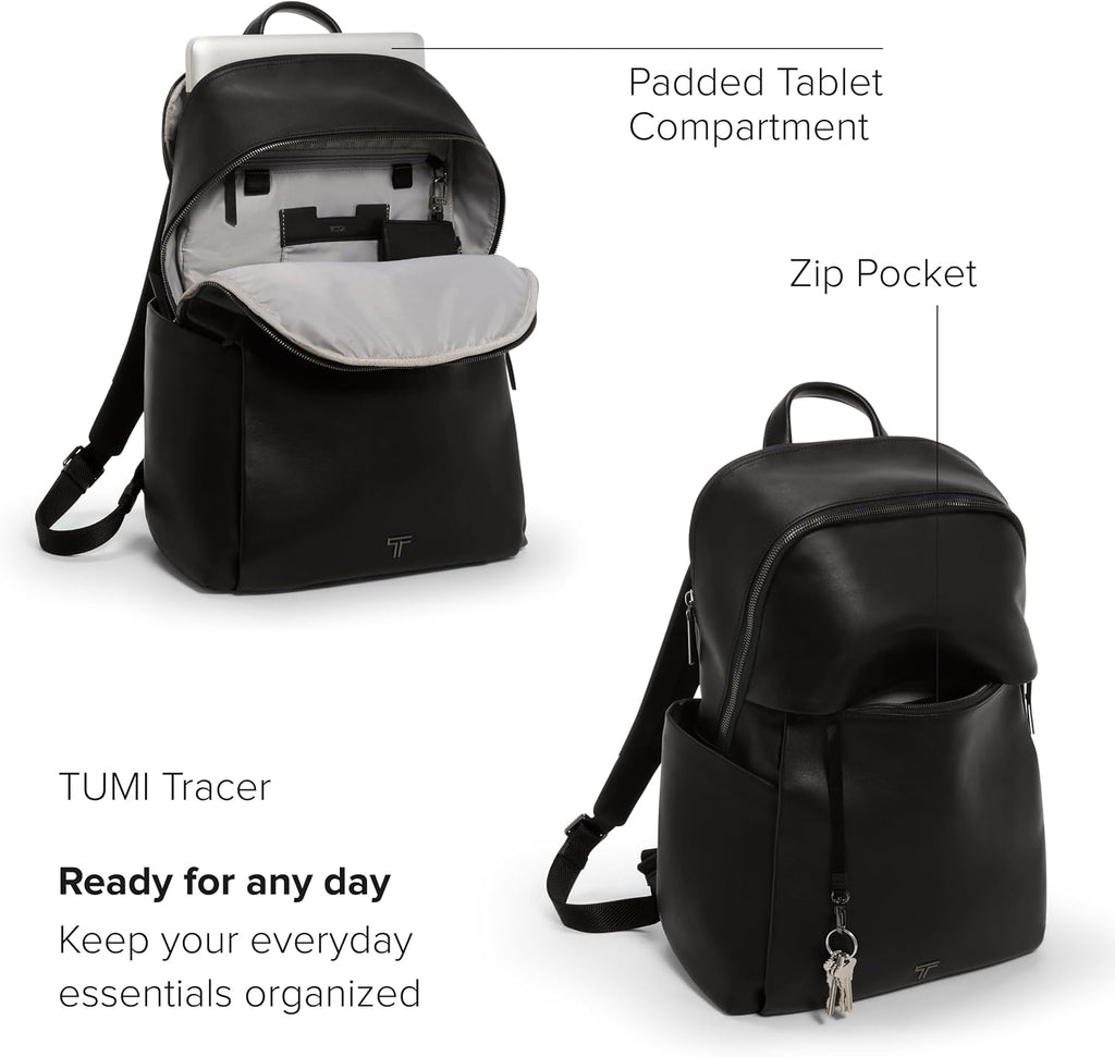 TUMI - Voyageur Raina Backpack - Women's Premium Leather Backpack - Everyday Bag with Phone Pocket & Laptop Compartment - Black, Gunmetal Hardware