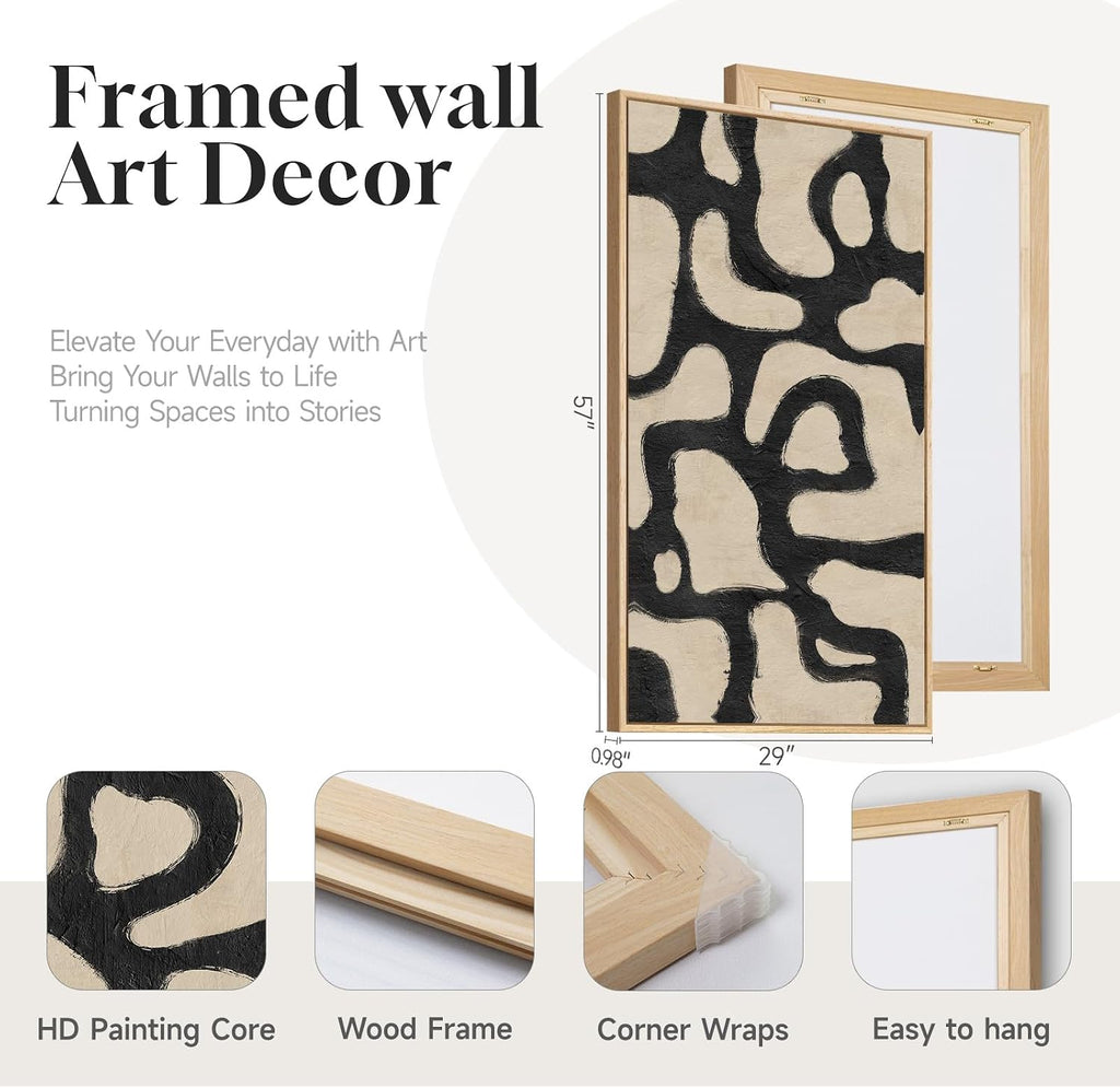 Framed Neutral Horizontal Abstract Wall Art for Living Room, Extra Large Black and Beige Modern Painting Print, Mid Century Canvas Artwork for Dining Room Bedroom Hallway Office Walls Decor, 30x60 Inch