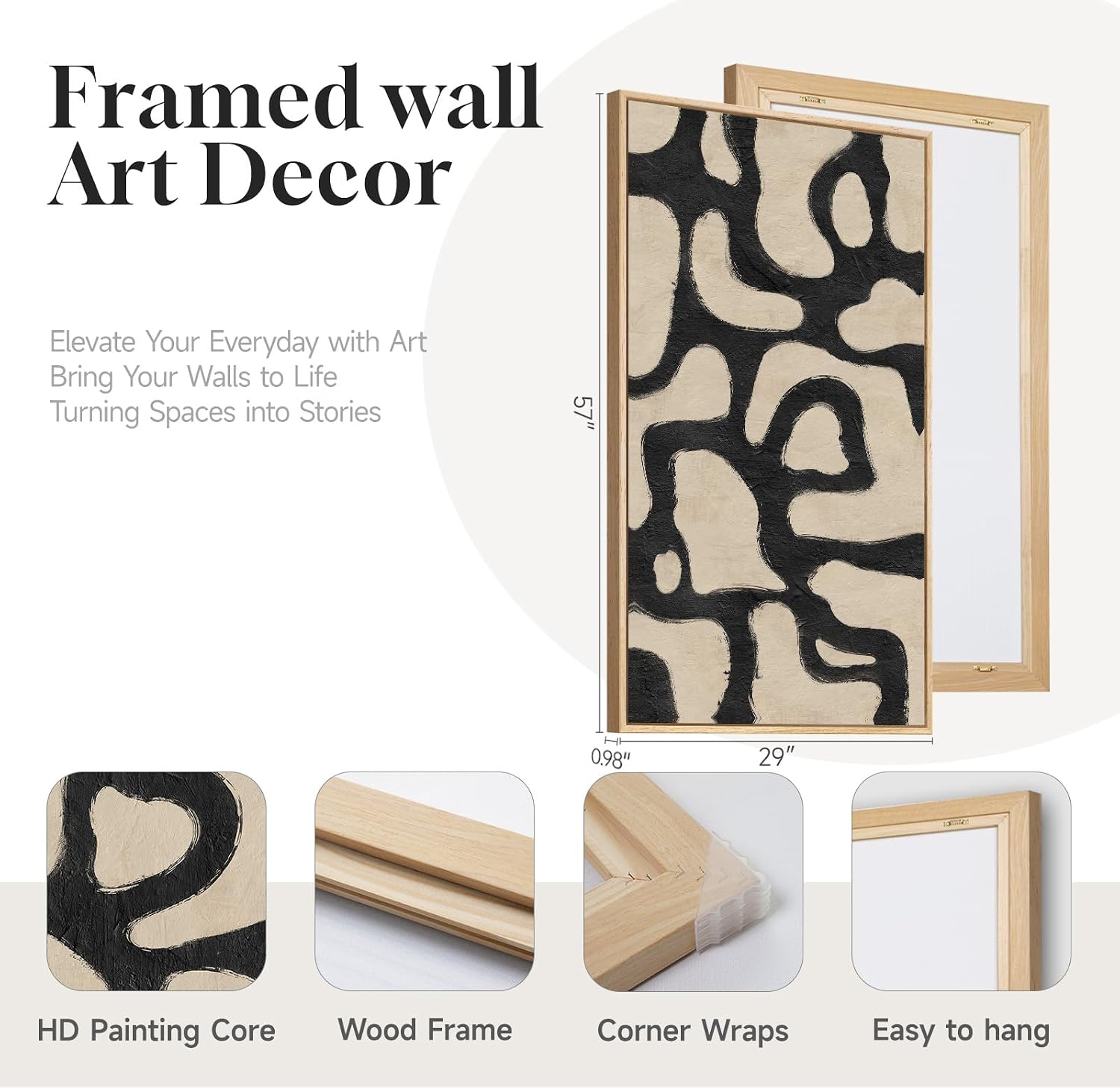 Framed Neutral Horizontal Abstract Wall Art for Living Room, Extra Large Black and Beige Modern Painting Print, Mid Century Canvas Artwork for Dining Room Bedroom Hallway Office Walls Decor, 30x60 Inch