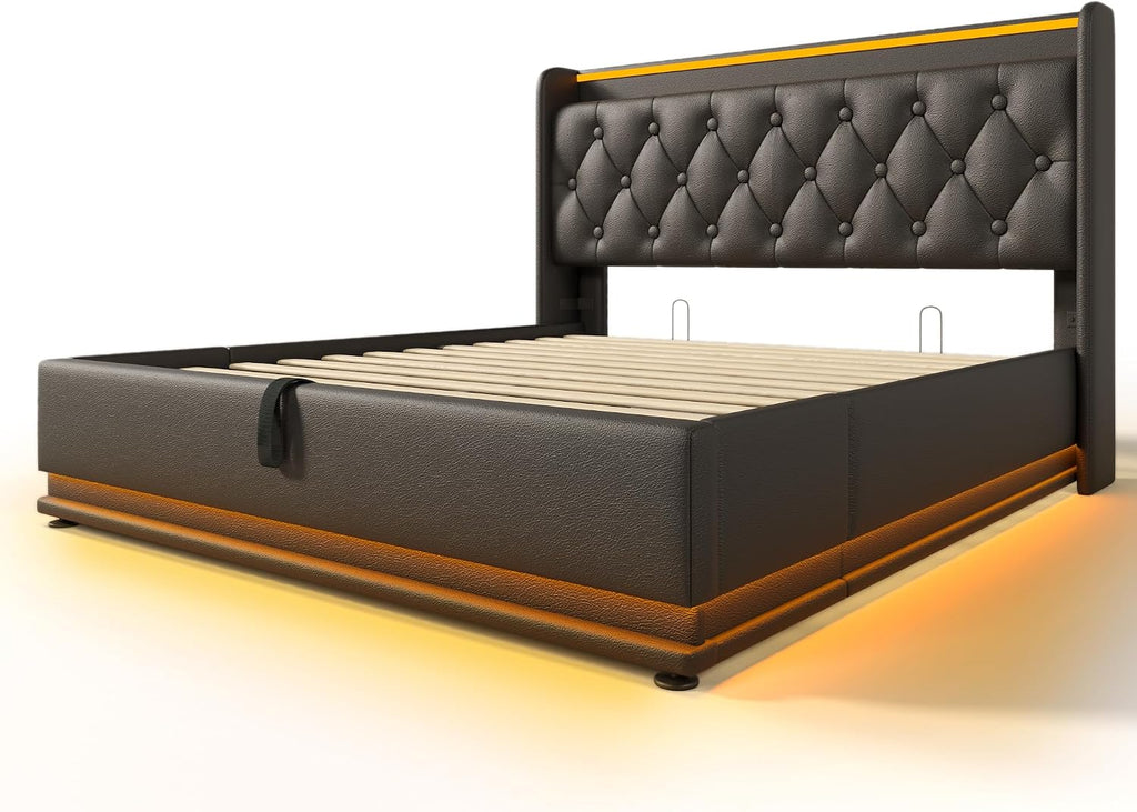 Full Size Lift Up Storage Bed Frame with Button Headboard and Storage Smart Bed with 360 Surround LED Function Upholstered Platform Bed USB Type-C Charging Easy Assembly (Black, Full)