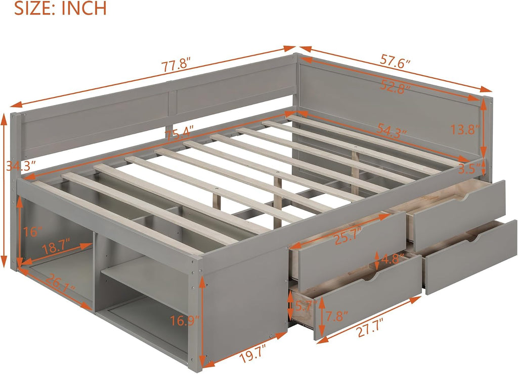 Full Size Daybed with 4 Pull-Out Drawers and 3 Functioning Shelves,Solid Wood Day Bed Frame with Wooden Slats Support for Bedroom,No Box Spring Required (Gray-AB41)