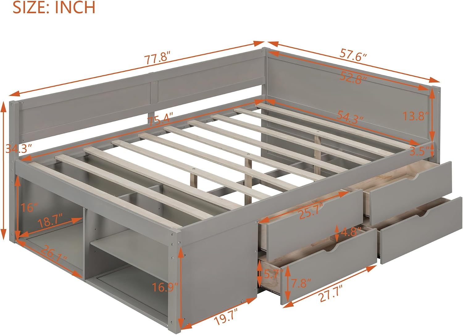Full Size Daybed with 4 Pull-Out Drawers and 3 Functioning Shelves,Solid Wood Day Bed Frame with Wooden Slats Support for Bedroom,No Box Spring Required (Gray-AB41)