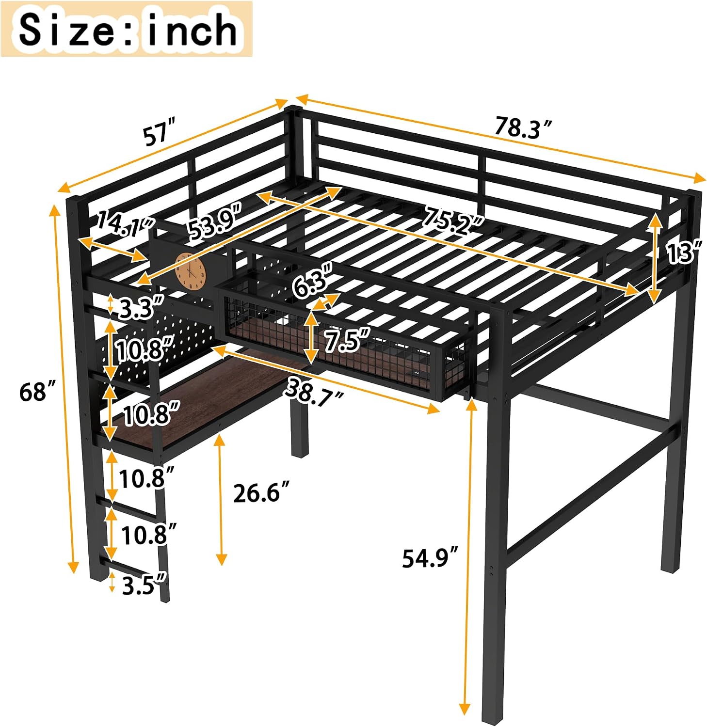 JIVOIT Full Size Metal Loft Bed Frame with Desk, Bedside Storage Basket, Side Clock Design, Pegboard, 68' H Metal Loft Bed with Slats Support, No Spring Box Needed