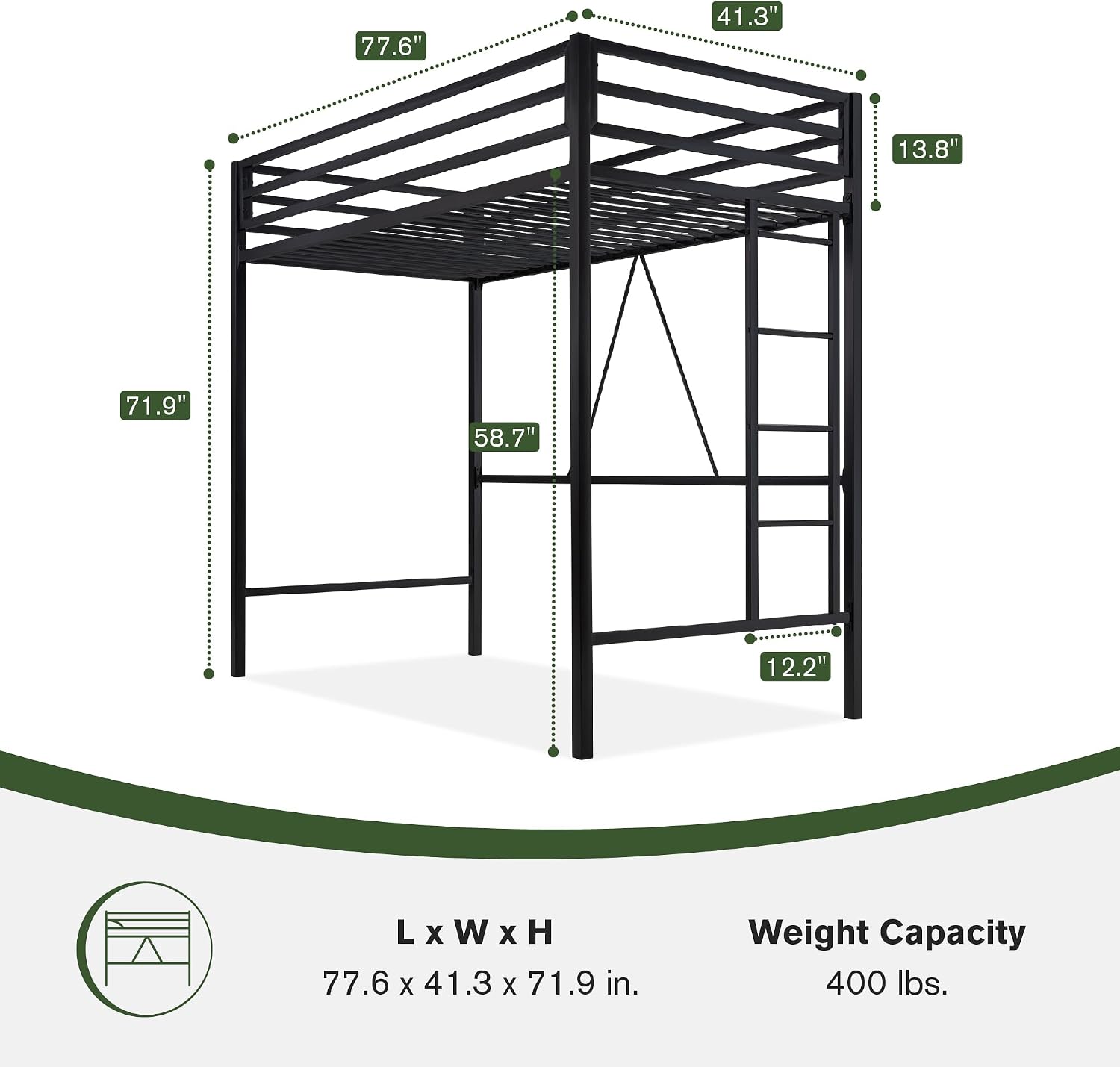 MUTICOR Twin Loft Bed Frame for Juniors and Adults with Safety Guardrail and Ladder,Metal Slats Support, Small Space Saving Furniture for Bedroom Kids Room and Dorm,Black