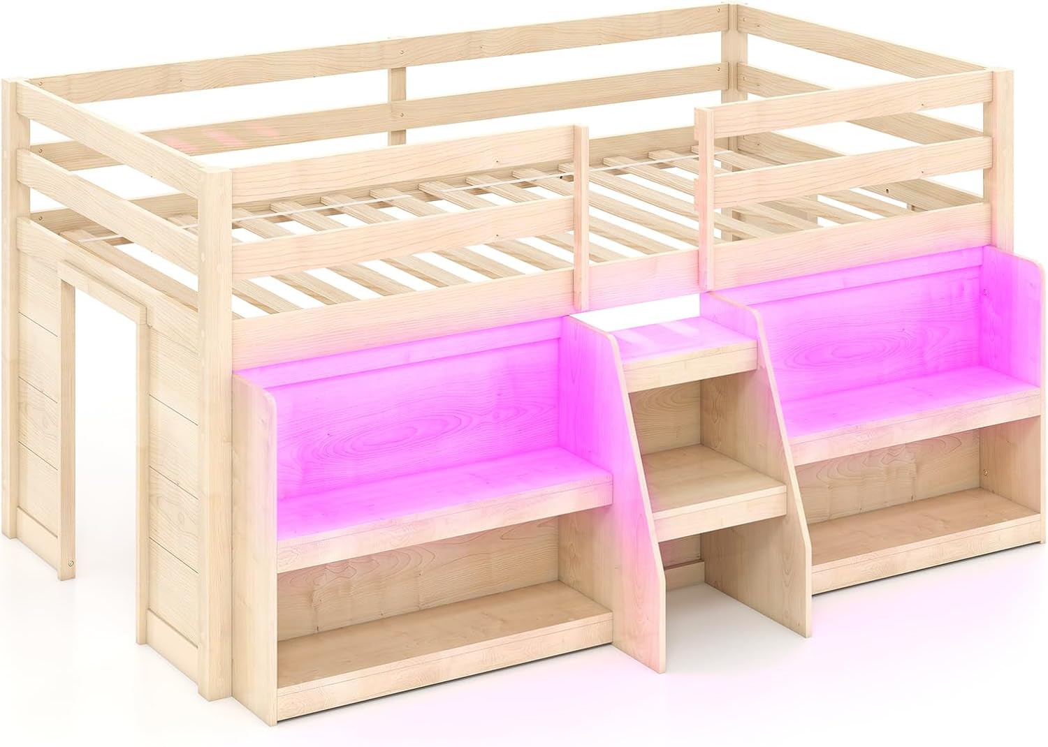 KOMFOTT Low Loft Bed with LED Light and 2 Bookcases, Wood Kids Twin Bed with Under-Bed Play Space, Stairs & Guardrails, Modern Loft Bed for Kids, No Box Spring Needed (Natural)