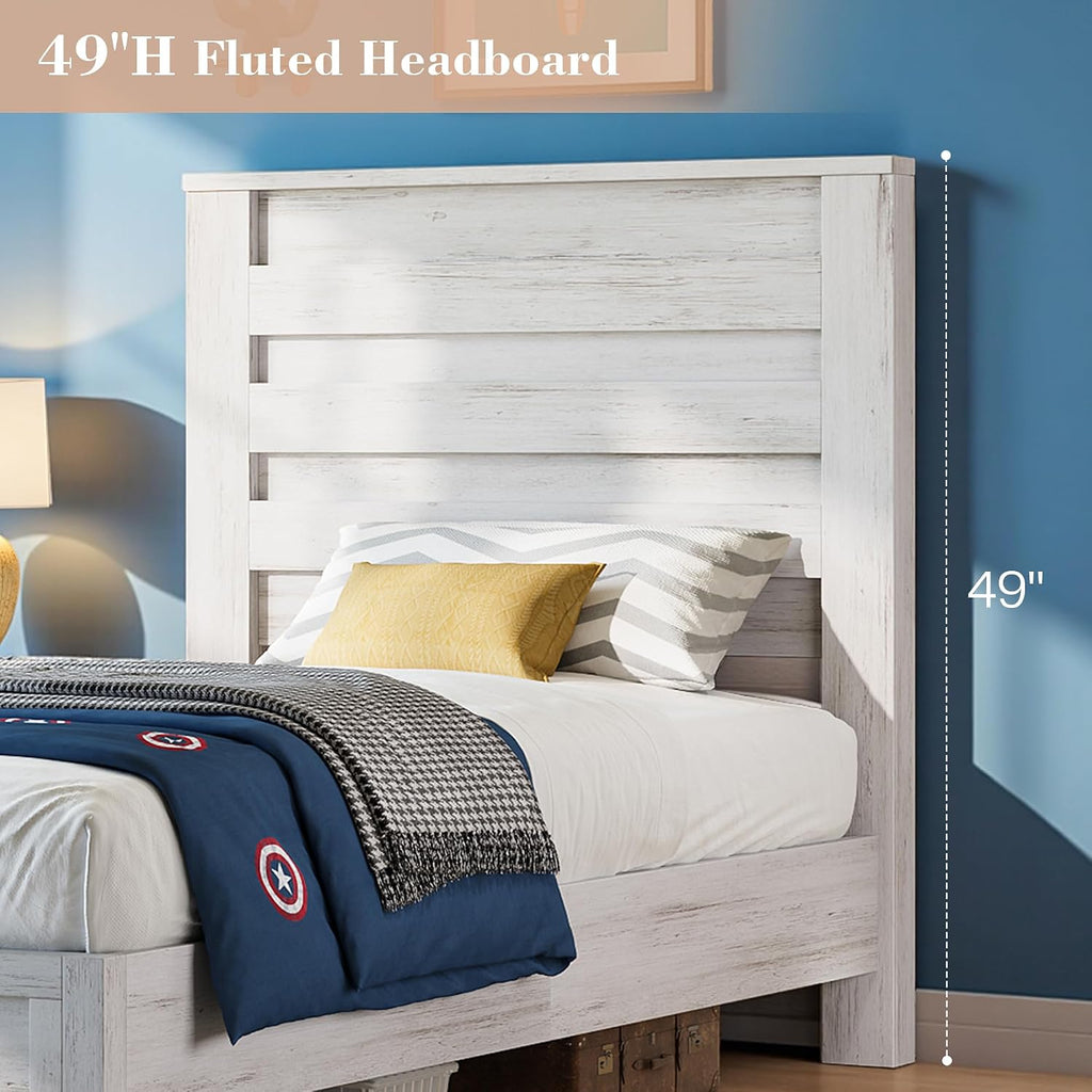 LUXOAK Twin Farmhouse Bed Frame with 49' Fluted Headboard, Wooden Platform Bed with Natural Grain, Noise-Free, No Box Spring Needed, Distressed White