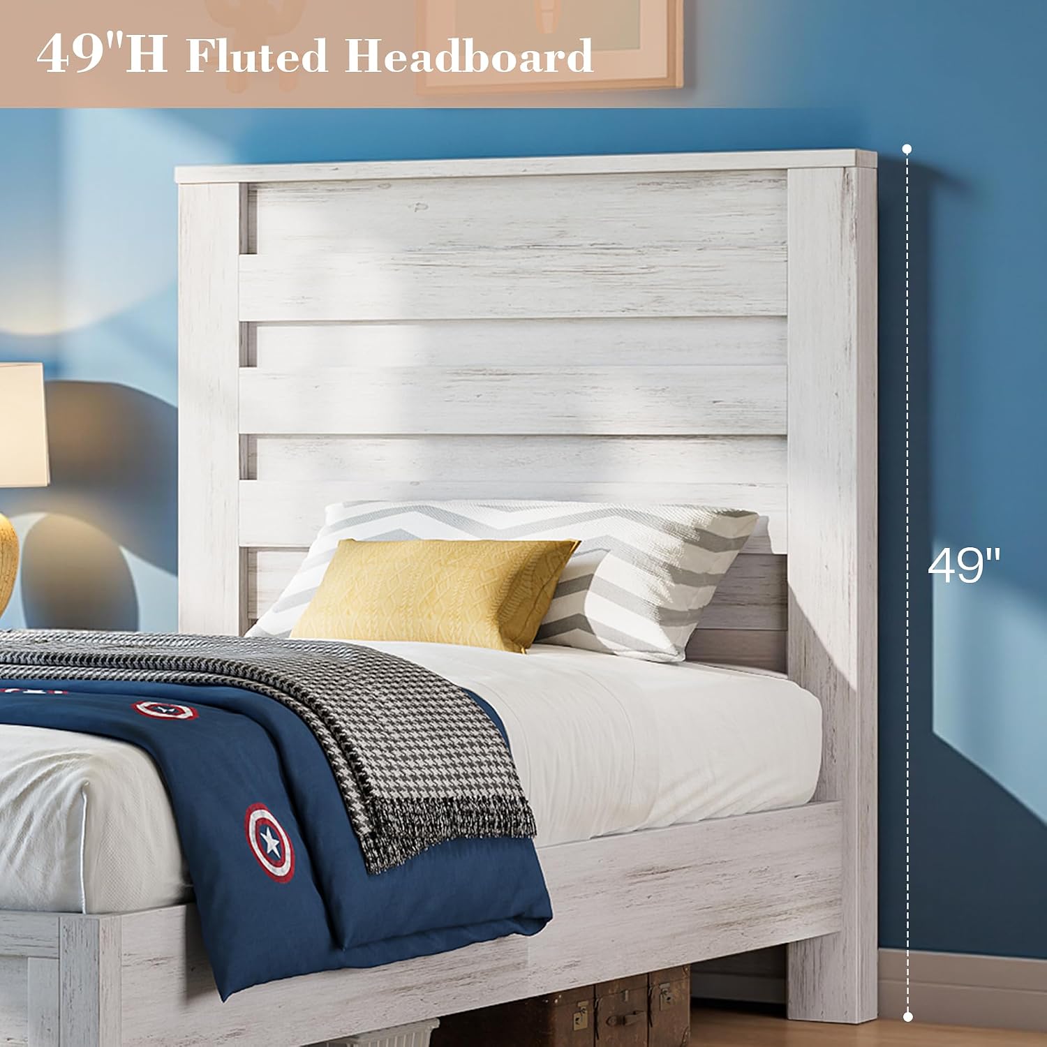 LUXOAK Twin Farmhouse Bed Frame with 49' Fluted Headboard, Wooden Platform Bed with Natural Grain, Noise-Free, No Box Spring Needed, Distressed White