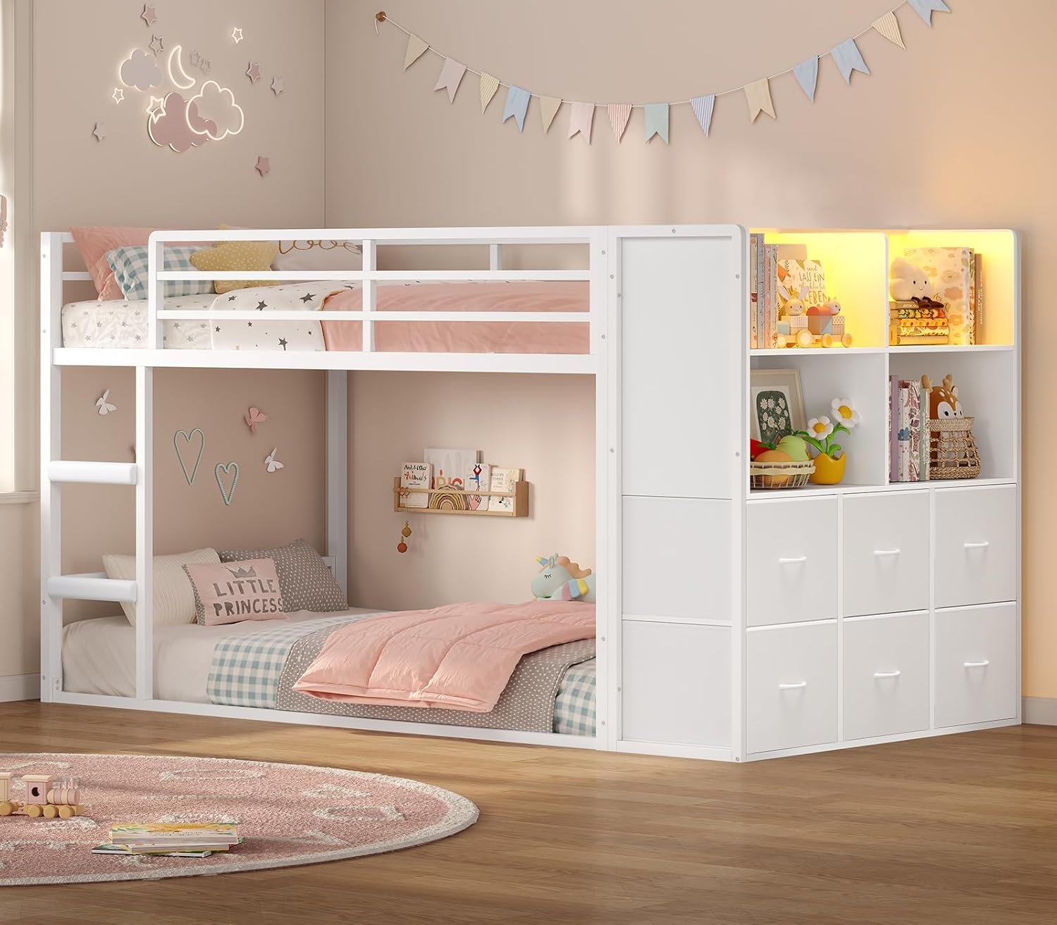 BTHFST Bunk Bed Twin Over Twin with 6 Large Fabric Drawers & 4 Wooden Storage Bookshelf Organizer, Metal Low Bunk Bed for Kids with LED Lights & Safety Ladder and Guardrail, Space Saving