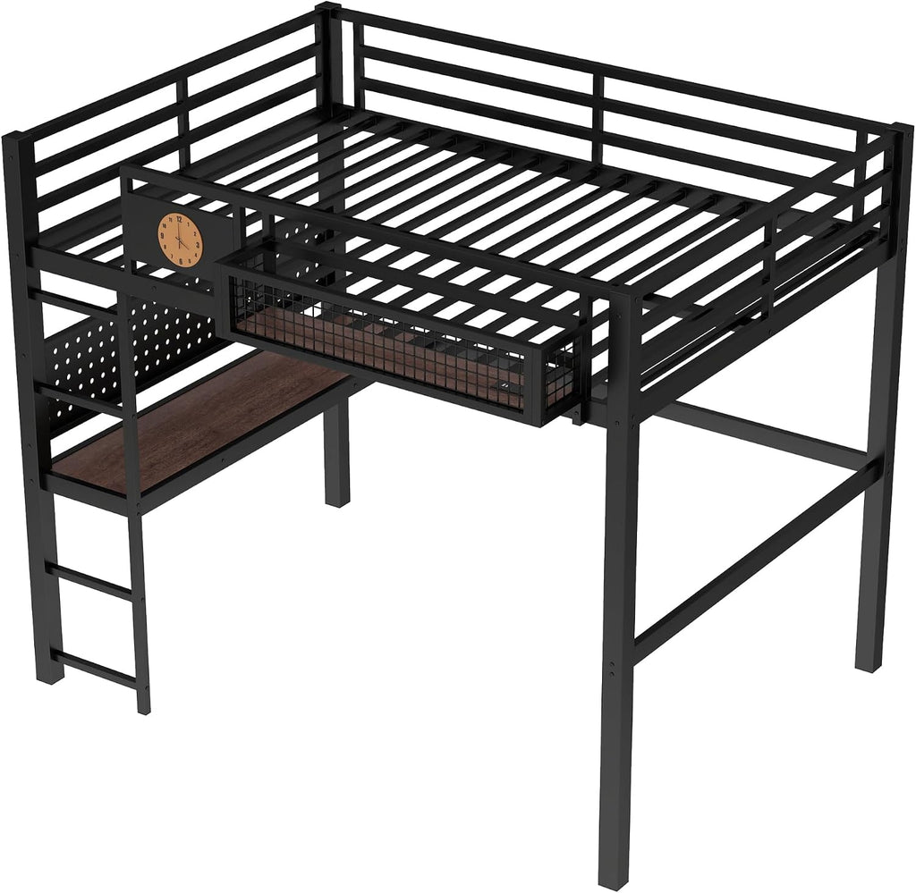 JIVOIT Full Size Metal Loft Bed Frame with Desk, Bedside Storage Basket, Side Clock Design, Pegboard, 68' H Metal Loft Bed with Slats Support, No Spring Box Needed