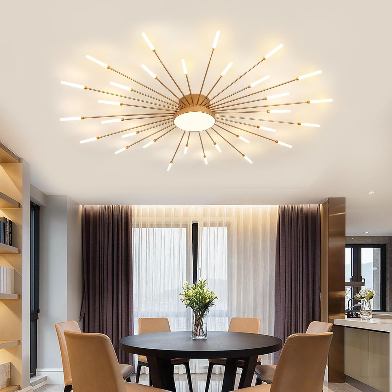 ziidoo Modern Ceiling Light,30+1 Lights Metal Firework Designed Chic Led Lighting Fixture for Farmhouse Kitchen Dining Room Bedroom Hallway Living Room (Gold and Dark Gold)