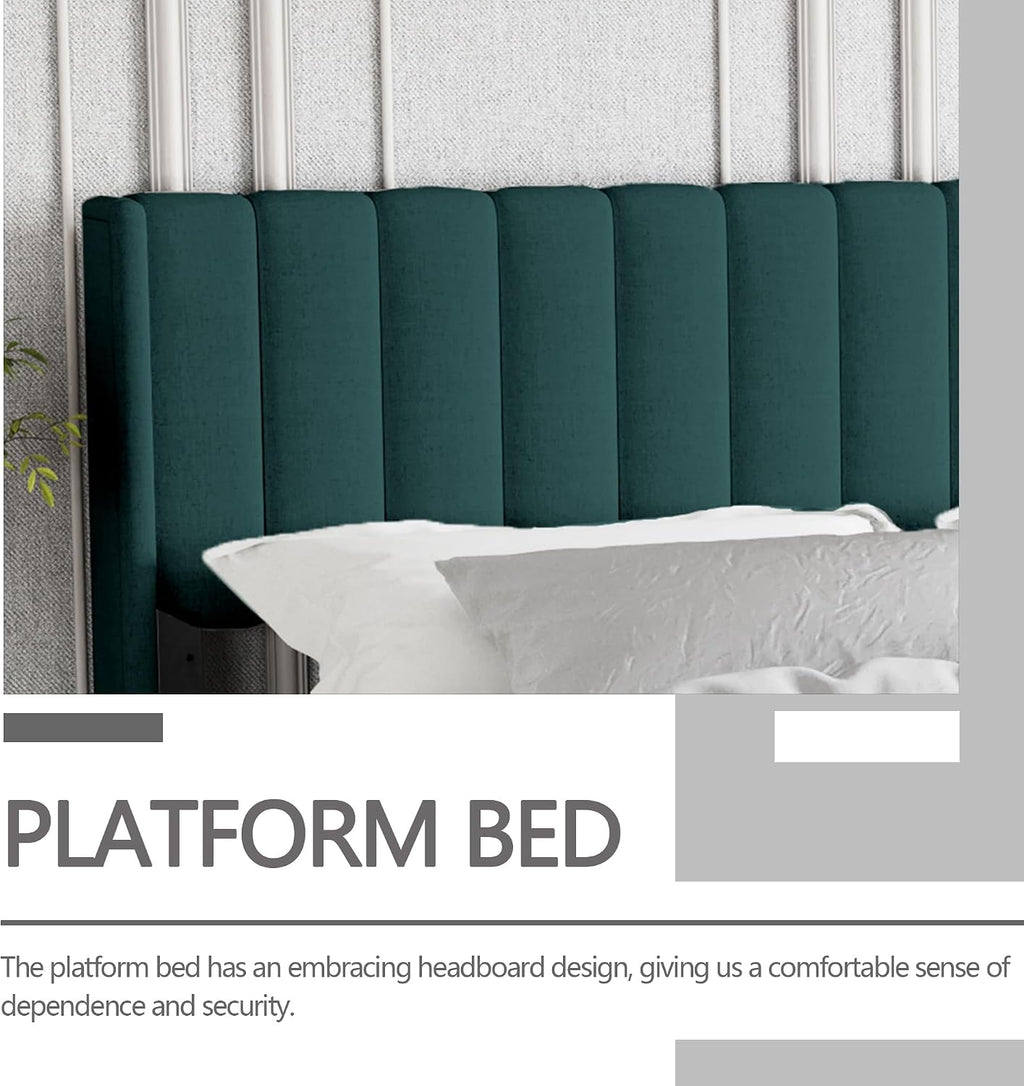 Twin Size Bed Frame with Headboard, Modern Upholstered Velvet Platform Bed, Heavy Duty Wooden Slats Support, No Box Spring Needed, Noise-Free & Easy Assembly, Green