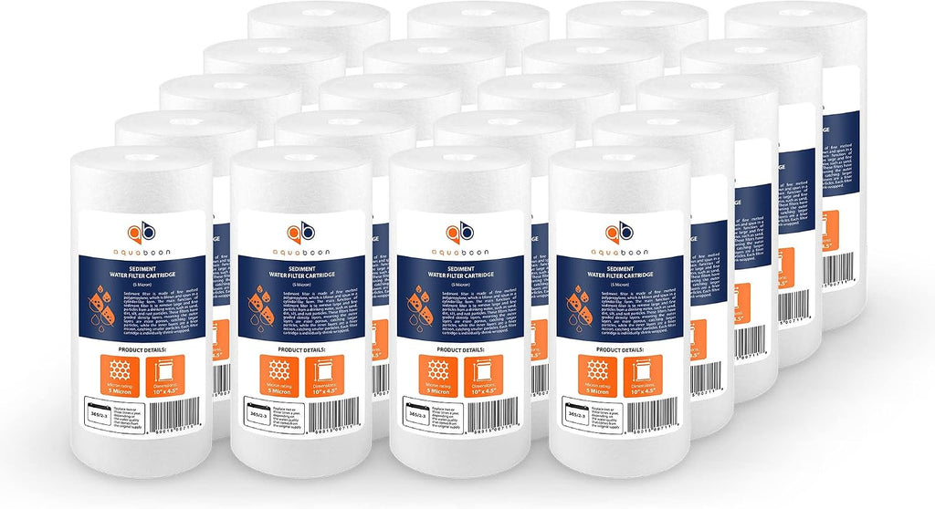 Aquaboon 5 Micron 10 x 4.5 Well Water Sediment Filter Replacement Whole House Water Filter Cartridge Compatible with DGD-5005, WFHD13001B, 20-Pack