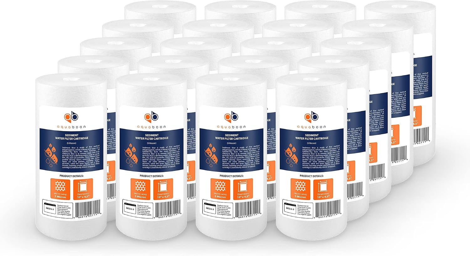 Aquaboon 5 Micron 10 x 4.5 Well Water Sediment Filter Replacement Whole House Water Filter Cartridge Compatible with DGD-5005, WFHD13001B, 20-Pack