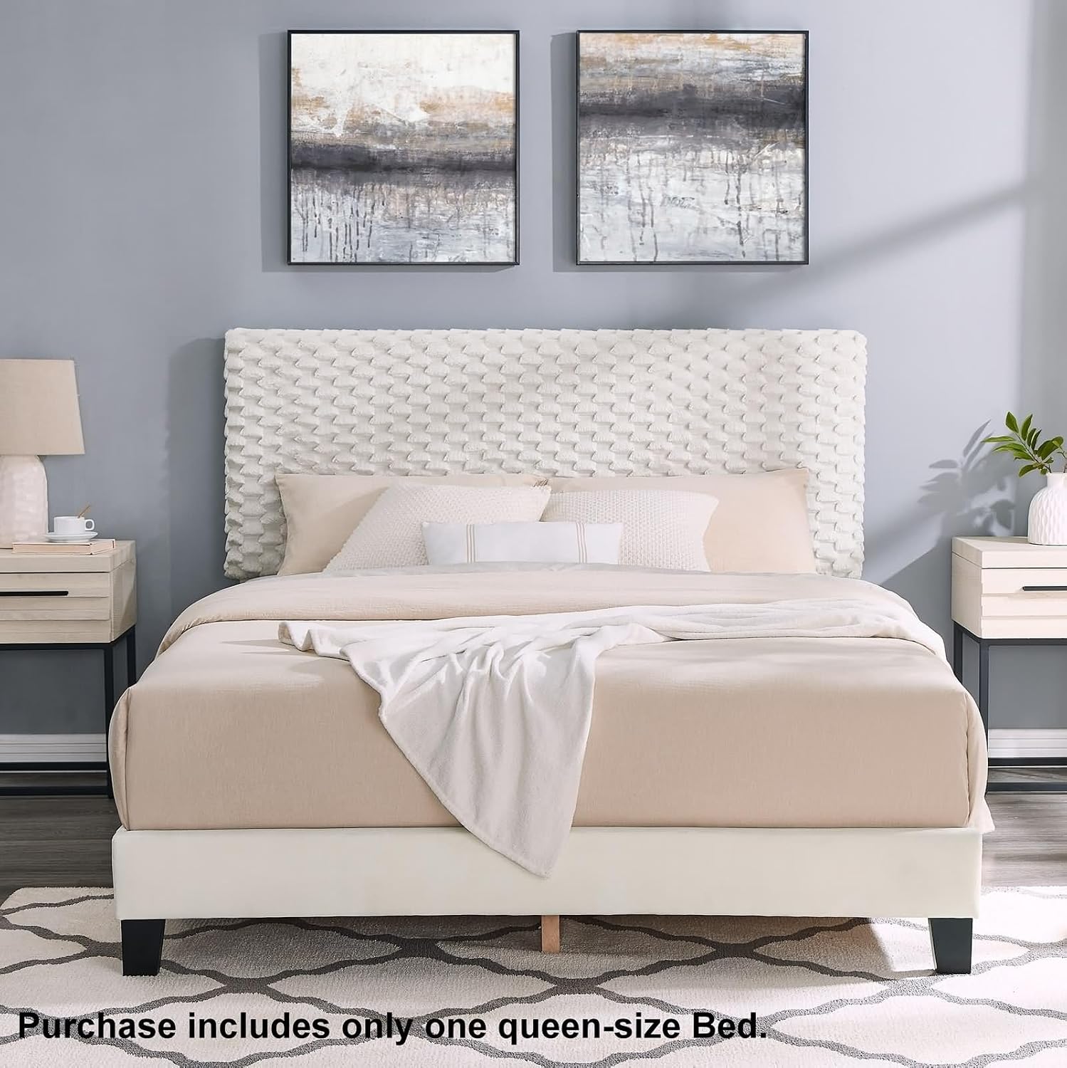 Bed Queen Size Set Furniture, Vintage Boho Bed Frame White Fabric MDF Upholstered 85' L x 65' W x45.5 H