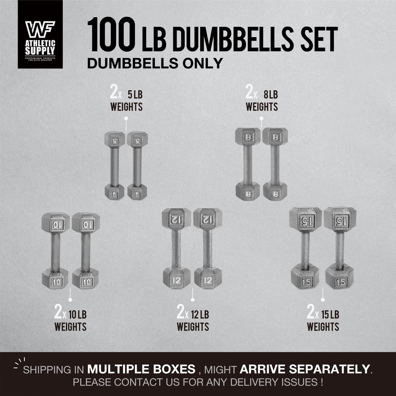 WF Athletic Supply Cast Iron Dumbbell Set, Solid Hexagon Grey Dumbbell Set, Strength Training Free Weights for Women & Men