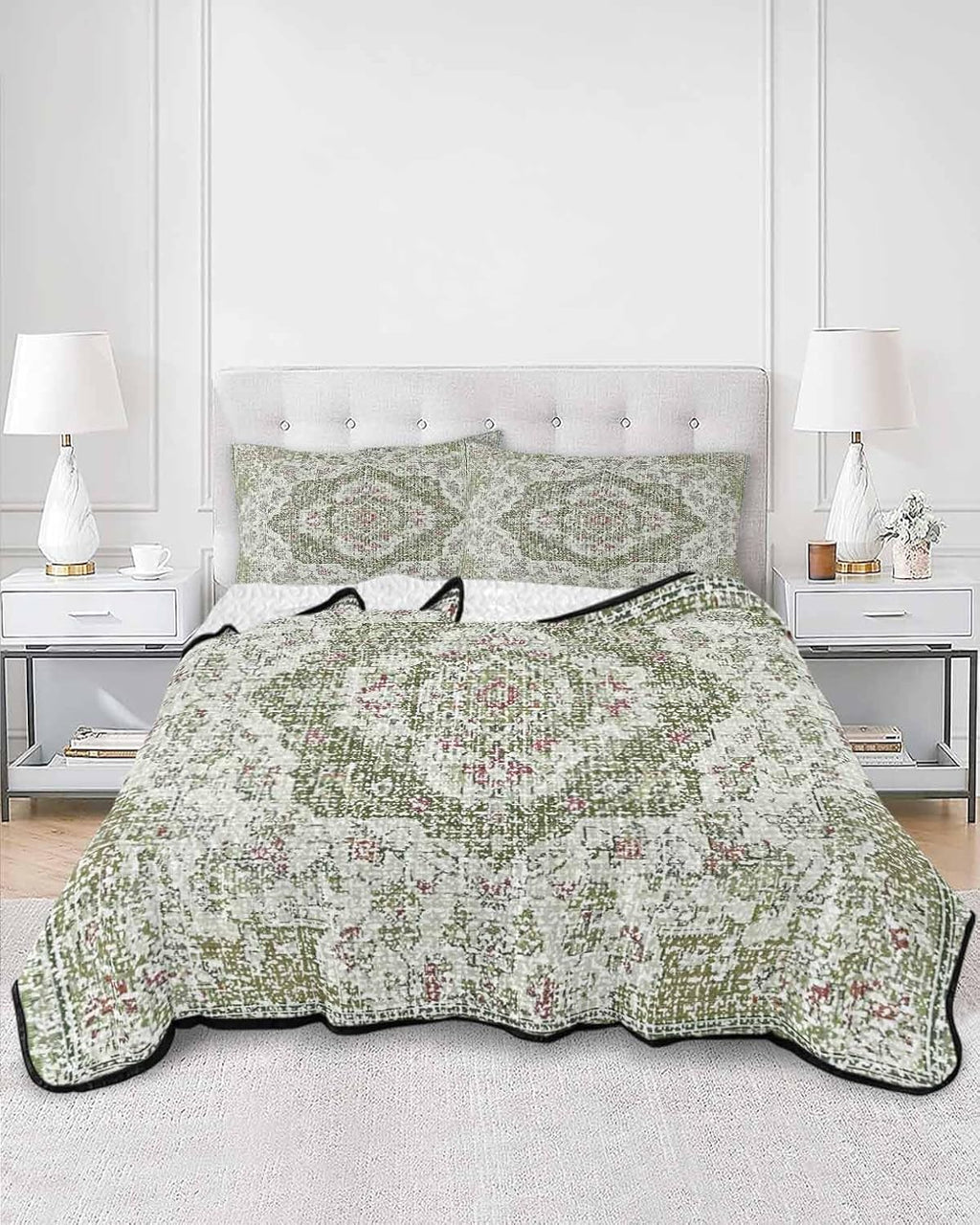 Quilt King Size Bedding Set, Sage Green Boho Lightweight Summer Quilt 3 Pieces Bedding Sets, Vintage Abstract Art Ethnic Tribe Reversible Soft Bedspreads Coverlets with 2 Pillow Shams for All Season
