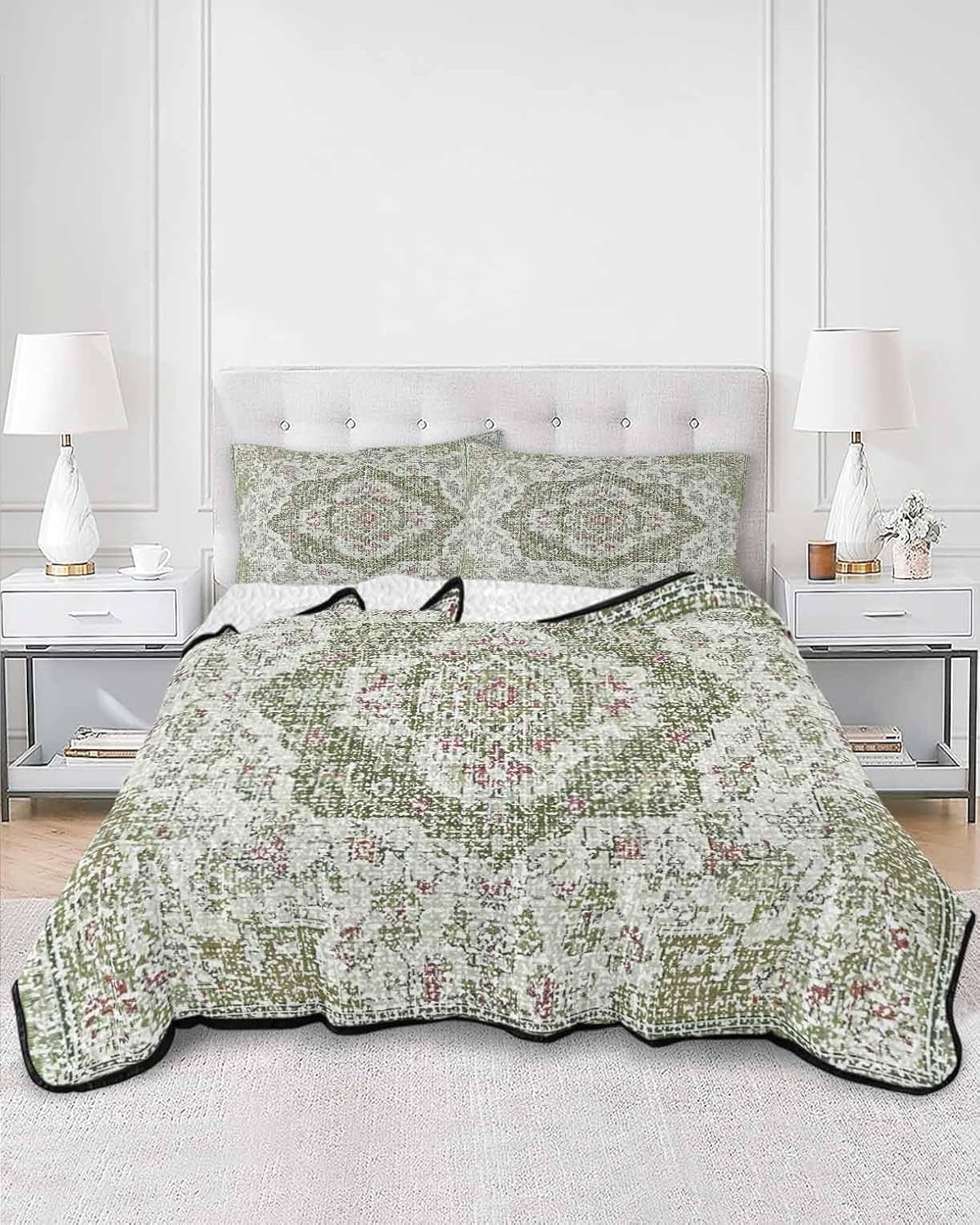 Quilt King Size Bedding Set, Sage Green Boho Lightweight Summer Quilt 3 Pieces Bedding Sets, Vintage Abstract Art Ethnic Tribe Reversible Soft Bedspreads Coverlets with 2 Pillow Shams for All Season