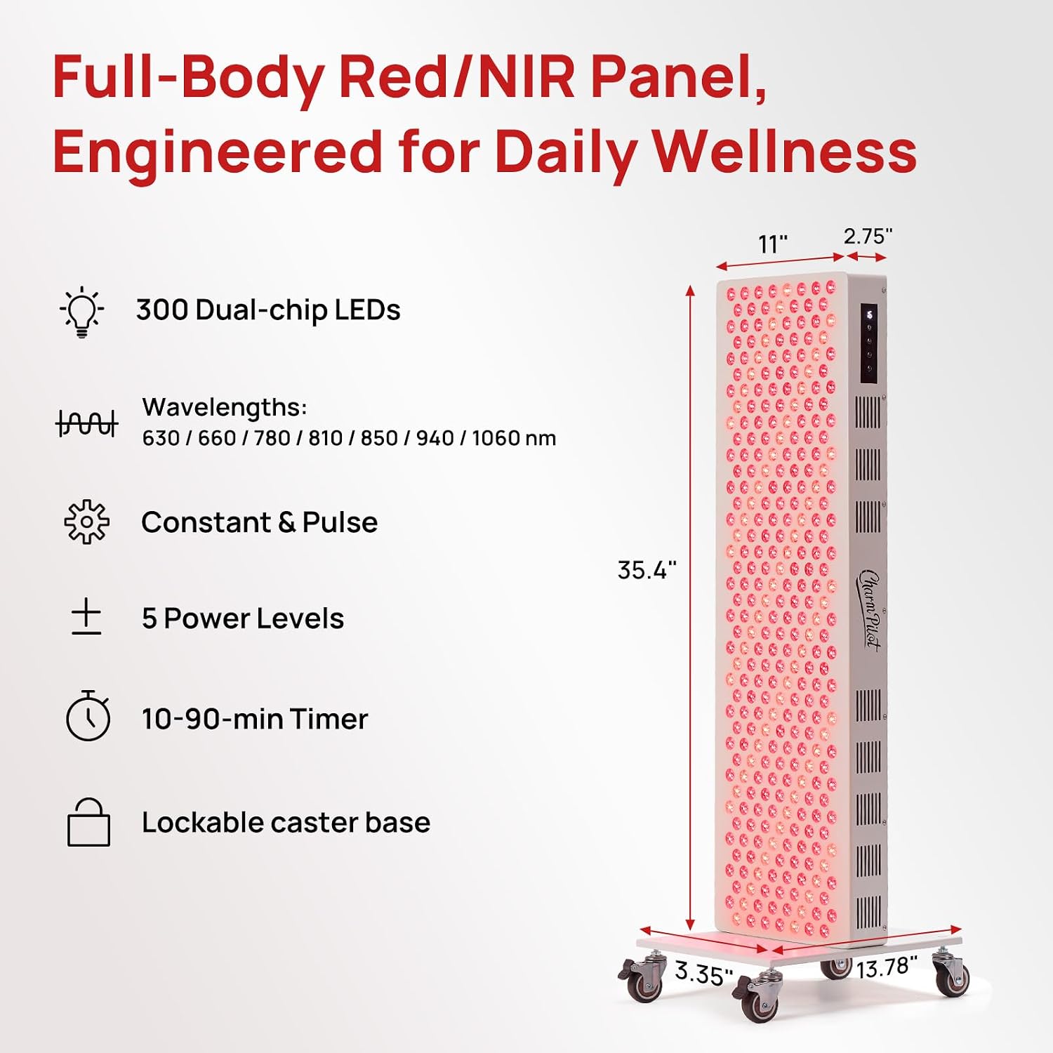 Red Light Therapy Panel for Body, 7 Wavelengths (630, 660, 780, 810, 850, 940, 1060 nm), 300LEDs, Near‑Infrared Light Wellness Device with Adjustable Intensity, Home Use