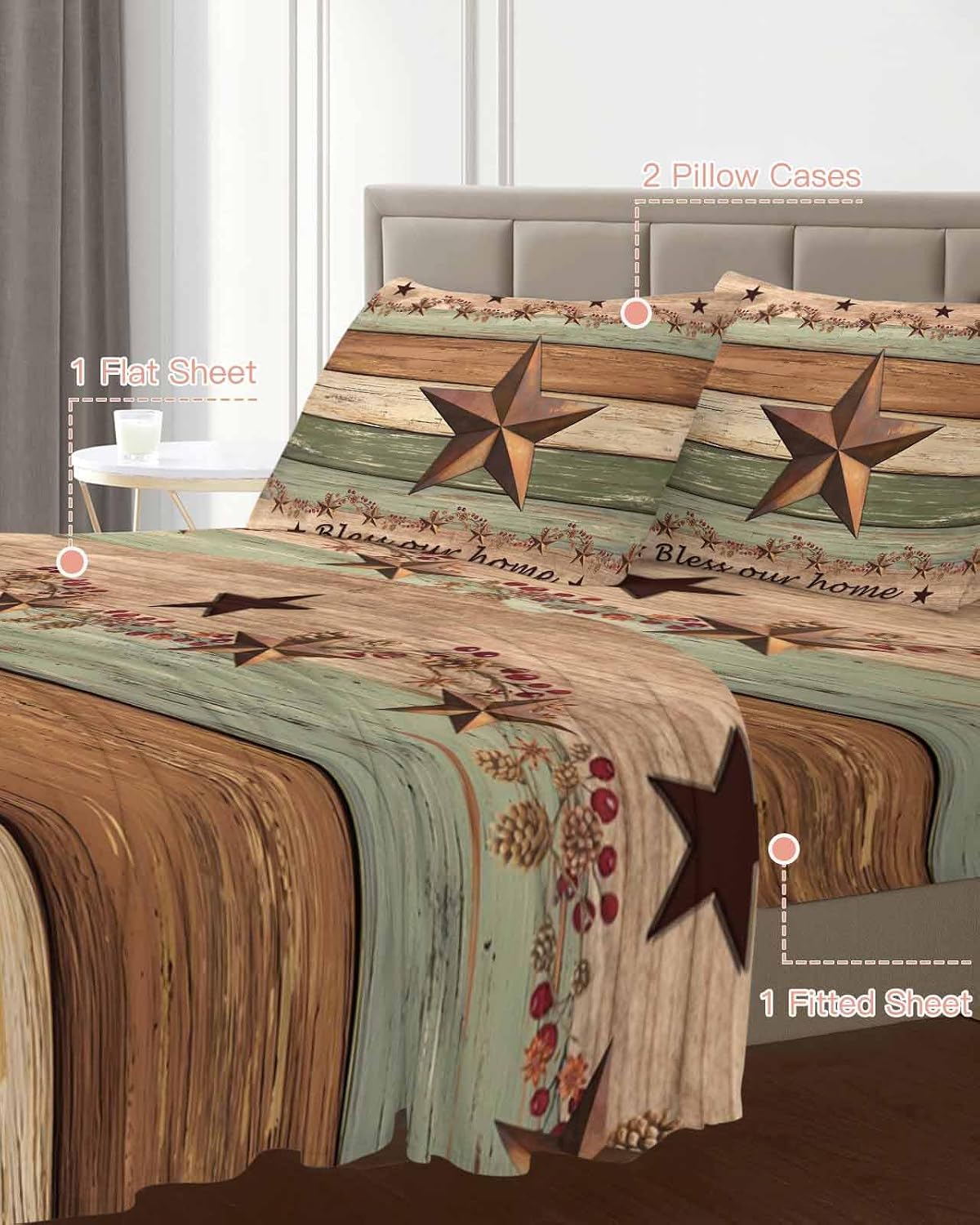 Western Texas Star Retro Cal King Sheet Set 4 Piece Bedding - Vintage Farmhouse Green Brown Wooden Breathable Comfy Cooling Bed Sheets & Pillowcase Sets, Hotel Flat Sheets Deep Pockets Fitted Sheet