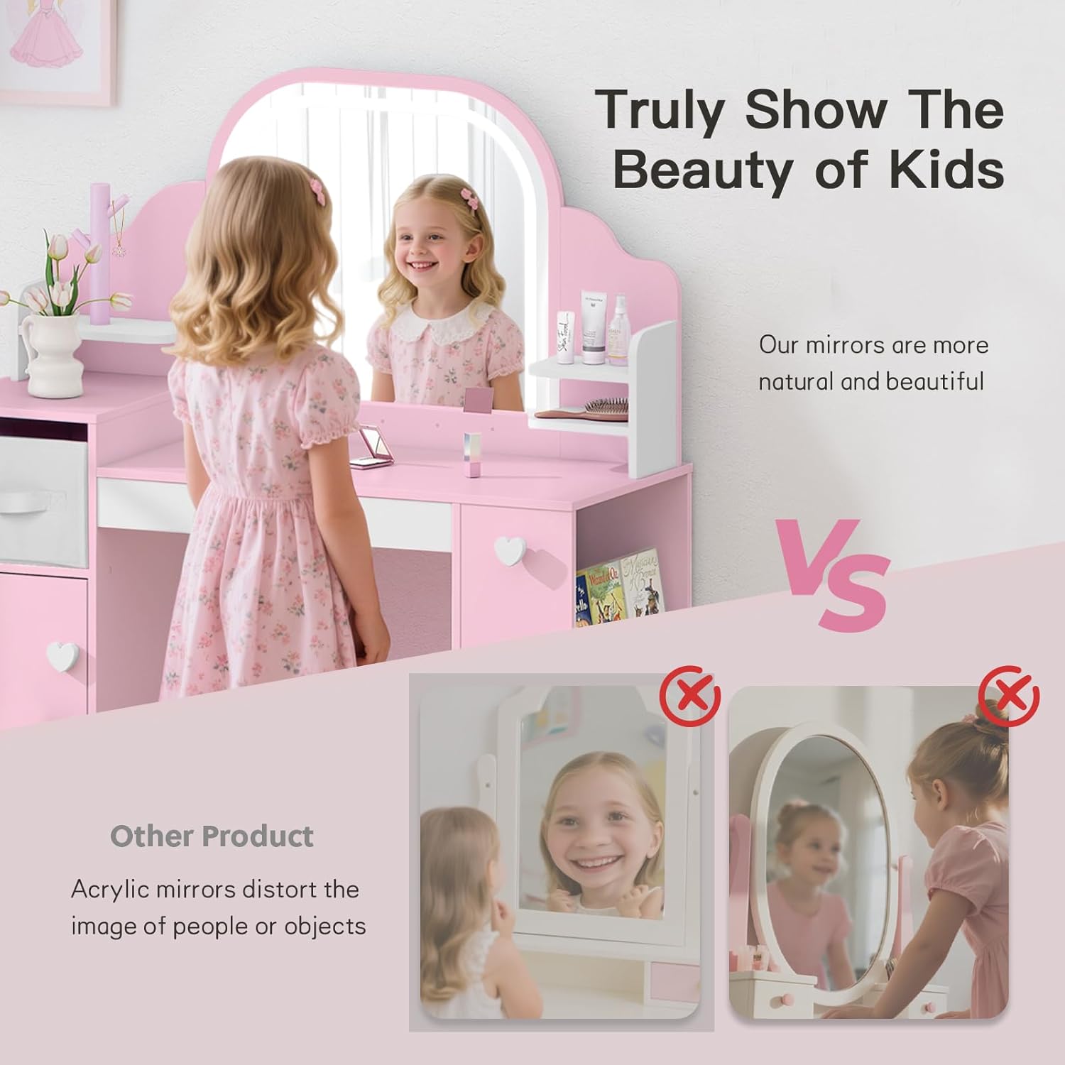 Frogprin Kids Vanity with Lights and Chair, Princess Makeup Vanity Desk with Mirror Bookshelf Storage Cabinet,3 in 1 Toddler Vanity Table,Makeup Dressing Table,Pretend Play Vanity for Little Girl-Pink