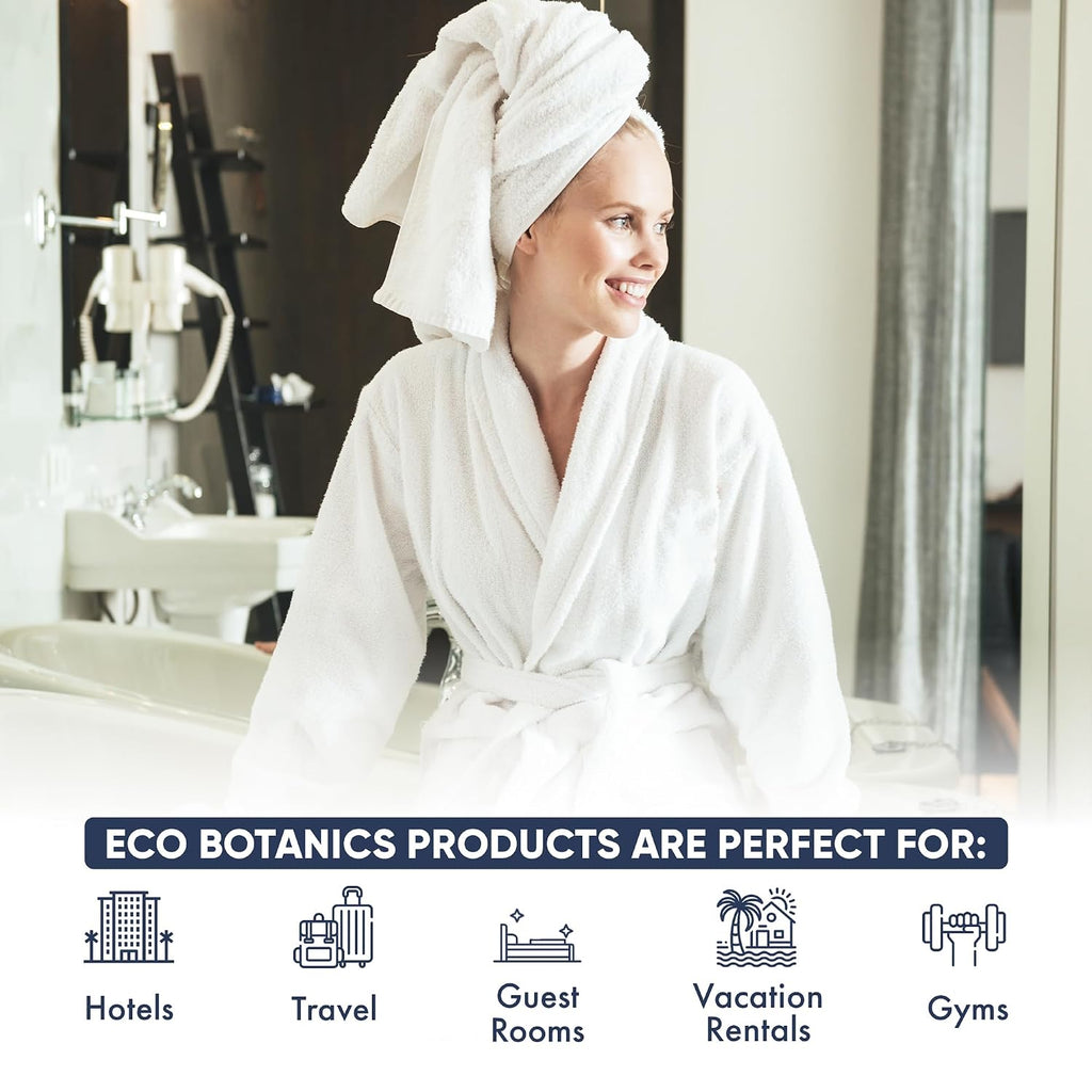 Eco Botanics Hotel Amenities Set | 10.14oz Pump Bottles | Shampoo, Conditioner, Hand & Body Wash, and Lotion | Set of 48