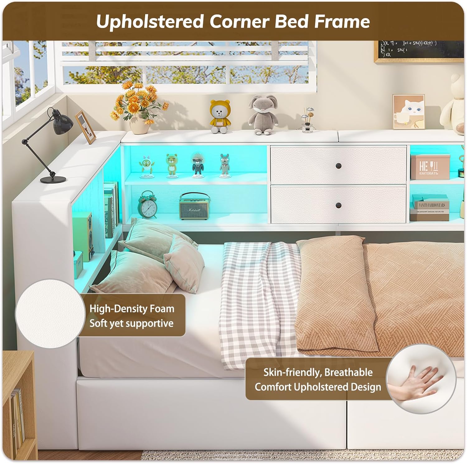 Twin Corner Bed Frame with Storage Bookcase and 4 Drawers, Upholstered Daybed Twin Size with Charging Station & LED Lights, White L-Shape Twin Size Bed Frames Metal Platform Bed for Kids Teenagers