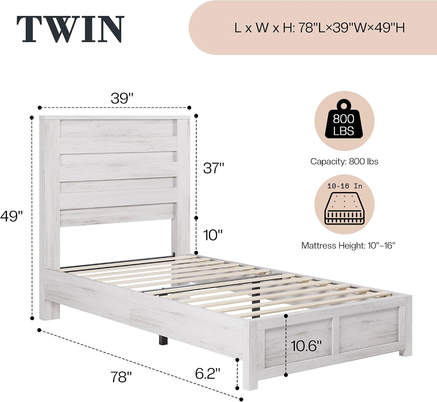 LUXOAK Twin Farmhouse Bed Frame with 49' Fluted Headboard, Wooden Platform Bed with Natural Grain, Noise-Free, No Box Spring Needed, Distressed White