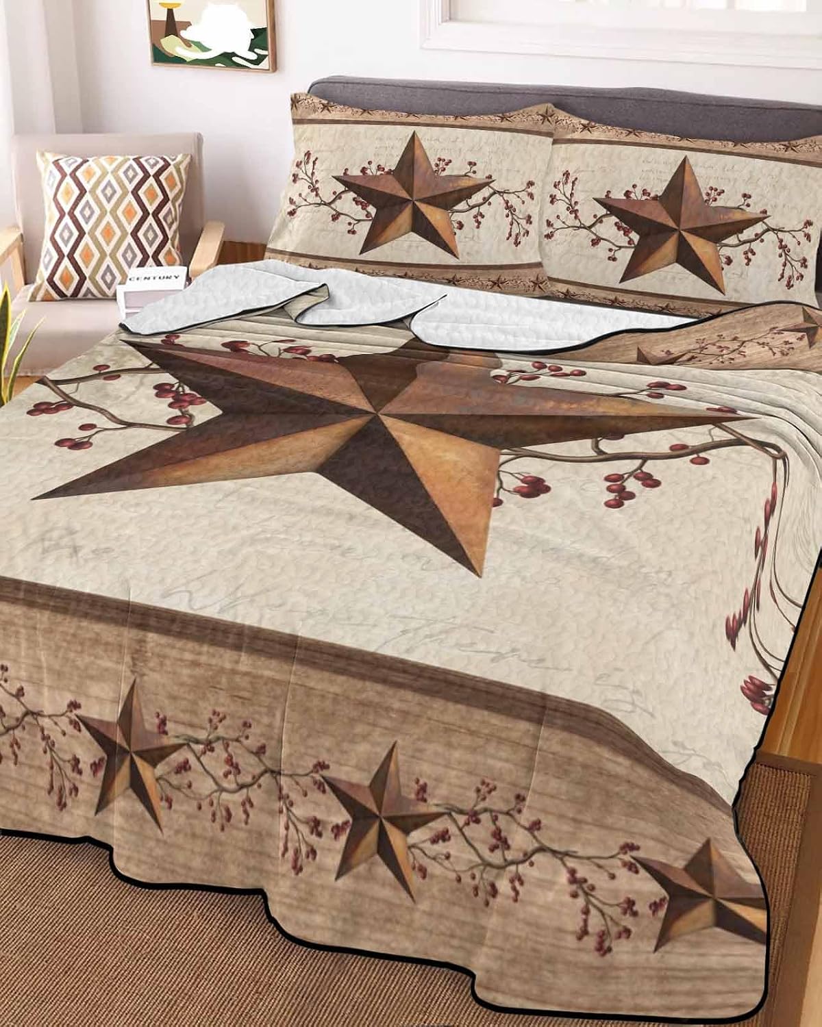 Quilt King Size Bedding Set, Farmhouse Texas Star Brown Lightweight Summer Quilt 3 Pieces Bedding Sets, Berry Vintage Wooden Reversible Soft Bedspreads Coverlets with 2 Pillow Shams for All Season