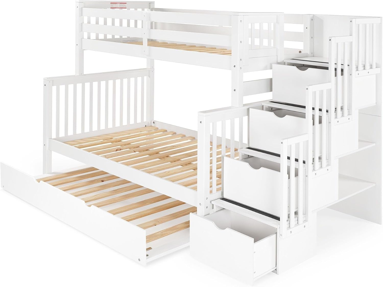 Bedz King Stairway Bunk Beds Twin Over Full, 4 Step Drawers, Twin Trundle, White