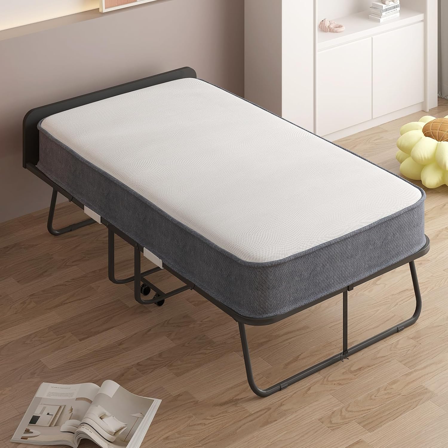 BALUS Folding Bed with Mattress, 75' x 31' Rollaway Bed with Headborad & Dustproof Bag, Portable Fold Up Beds with 5' Rebound Mattress, 2 Locking Caster Foldable Twin Frame for Bedroom/Office（Upgrade）