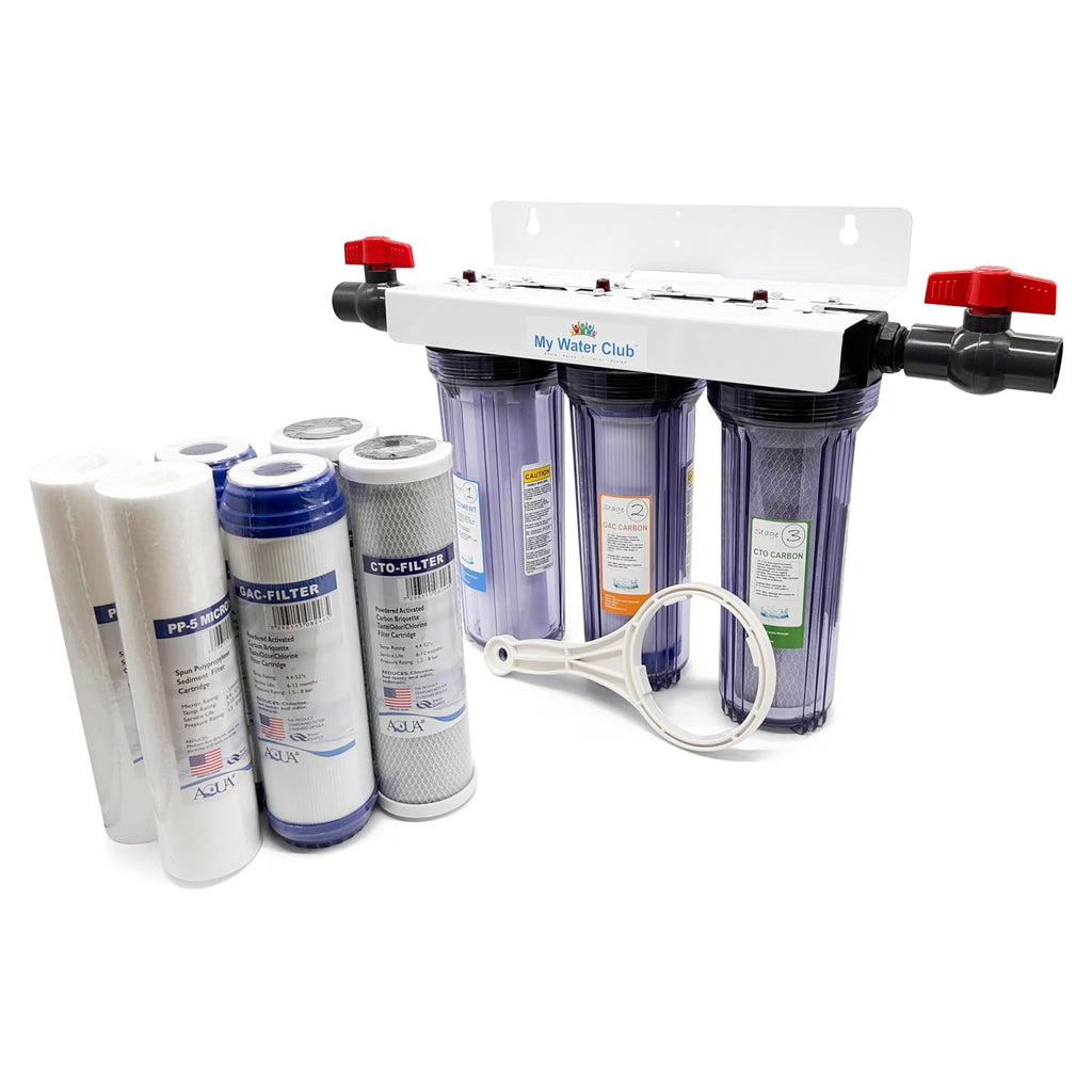 Whole House 3-Stage Water Filtration System, 3/4' port with 2 valves and extra 1 year filter supply (2 sets, 6 pcs)