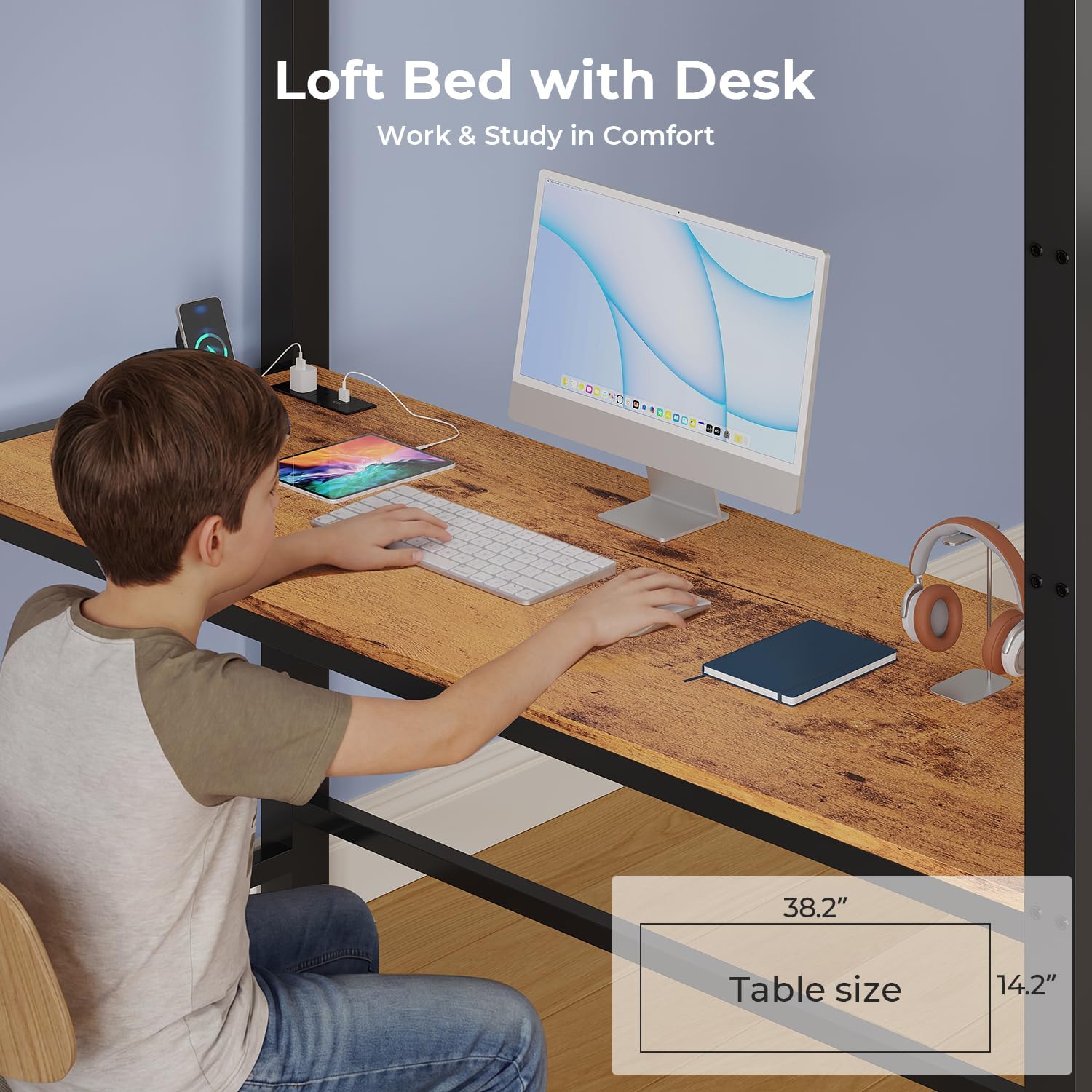 ADORNEVE Twin Loft Bed with Desk,14 Storage Drawers & Power Outlet, Kids Loft Bed Twin Size with LED Lights, Metal Loft Beds with Safety Guardrail & Ladder, Space Saving for Teens, Rustic Brown