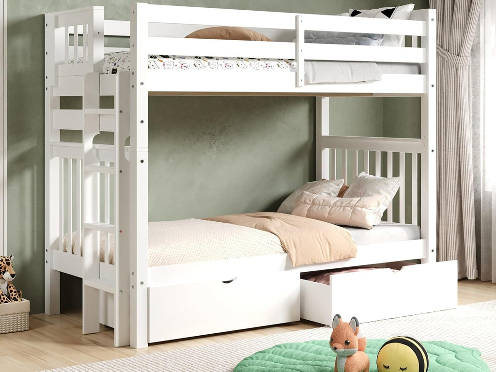 Bedz King Tall Bunk Beds Twin Over Twin Mission Style, End Ladder, 2 Storage Drawers, White