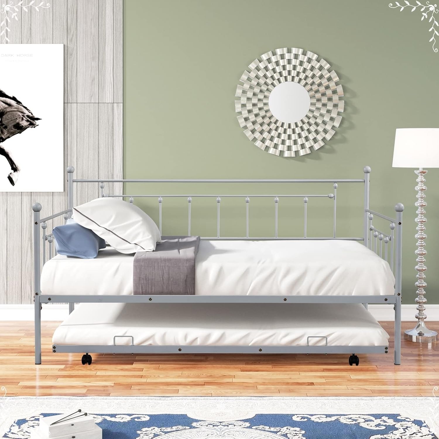 Metal Bed Twin XL, Bed with Trundle Light Grey Metal Bohemian Sofa Bed with Slats Daybed for Teen Adult Bedroom Living Room