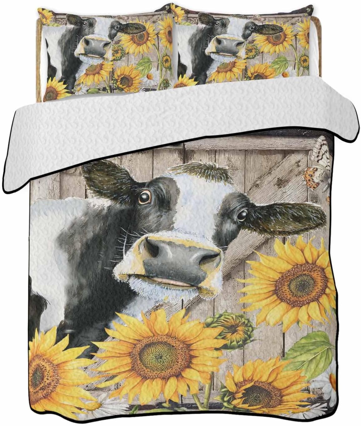 Quilt King Size Bedding Set, Retro Farmhouse Flower Lightweight Summer Quilt 3 Pieces Bedding Sets, Yellow Sunflowers Cow Barn Doors Brown Reversible Soft Bedspreads Coverlets with 2 Pillow Shams