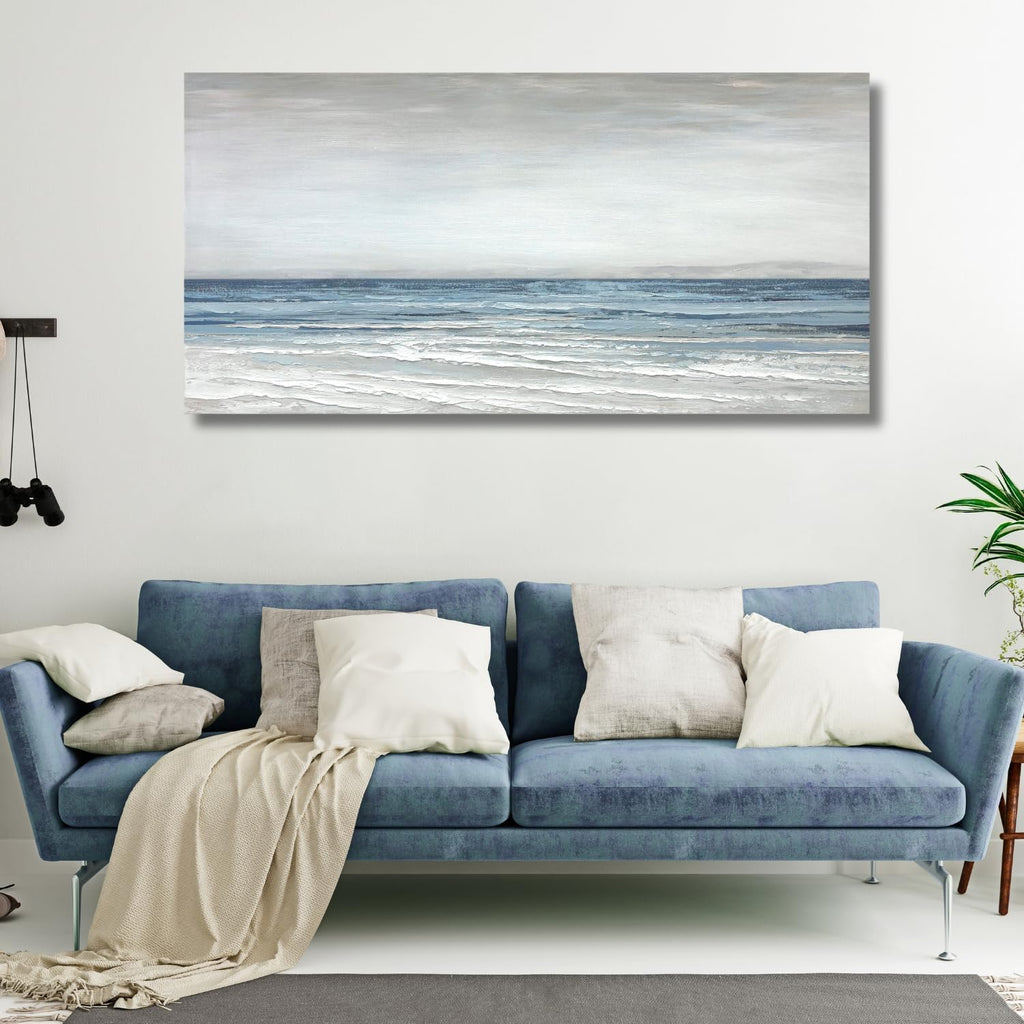 TRAIN2 ART Abstract Wall Art Painting Wall Decor Large Artwork Textured Blue and White Sea Background Canvas Wall Art for Living Room Bedroom Home Decor 28'x57'