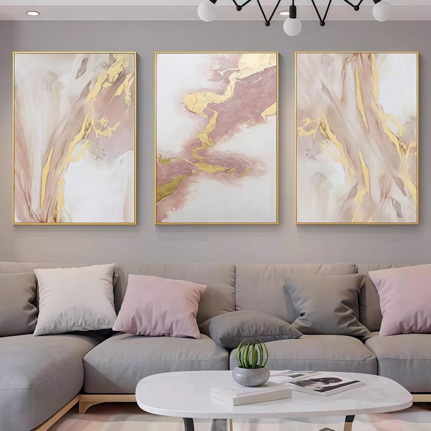 Large Pink Abstract Canvas Wall Art for Living Room-Gold Framed Abstract Oil Painting for Bedroom-3 Pieces Modern Pictures Wall Decer For Home Decor Ready to Hang 72x36 inches