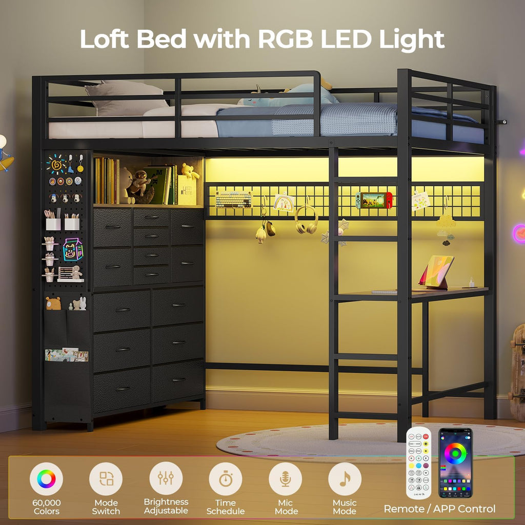 ADORNEVE Twin Loft Bed with Desk,14 Storage Drawers & Power Outlet, Kids Loft Bed Twin Size with LED Lights, Pegboard, Metal Loft Beds with Safety Guardrail & Ladder, Space Saving for Teens, Black