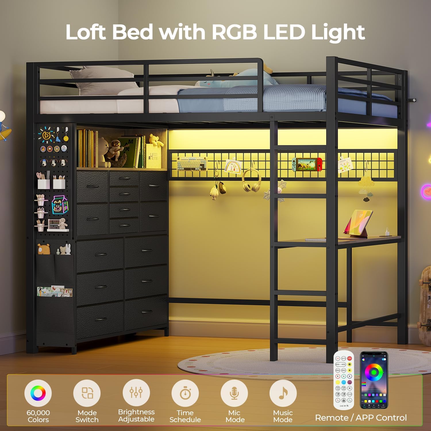 ADORNEVE Twin Loft Bed with Desk,14 Storage Drawers & Power Outlet, Kids Loft Bed Twin Size with LED Lights, Pegboard, Metal Loft Beds with Safety Guardrail & Ladder, Space Saving for Teens, Black