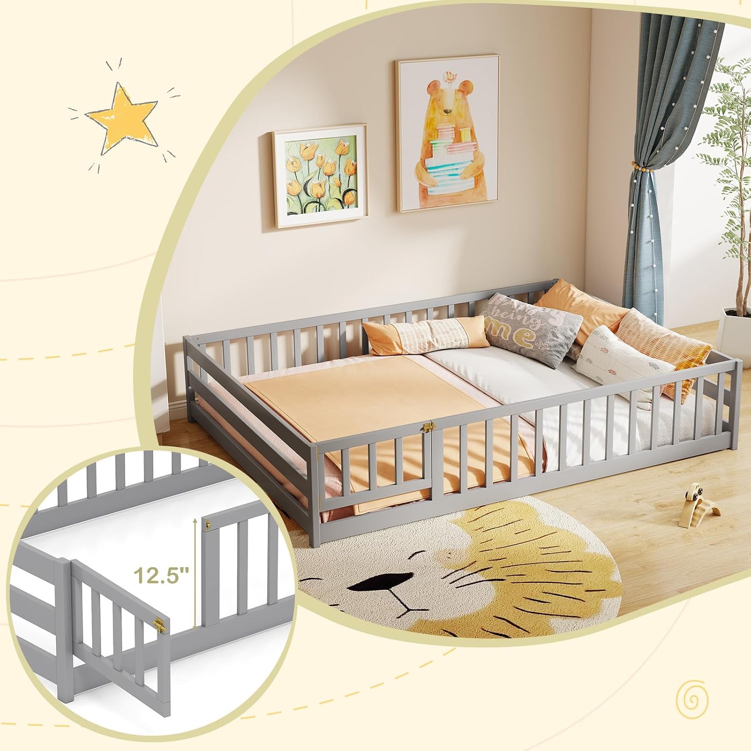 BECOMFORT Full Size Floor Bed for Kids, Kids Wood Bed Frame with Door, Latch & Safety Guardrails, Montessori Bed for Boys Girls