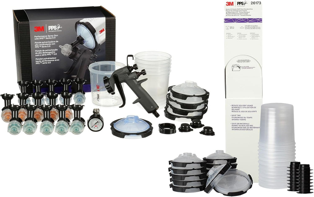 3M 2.0 Performance Spray Gun Starter Kit, 26778 + PPS Paint Spray Gun System Refill Kit with 12 Disposable Lids and Liners,16 Sealing Plugs