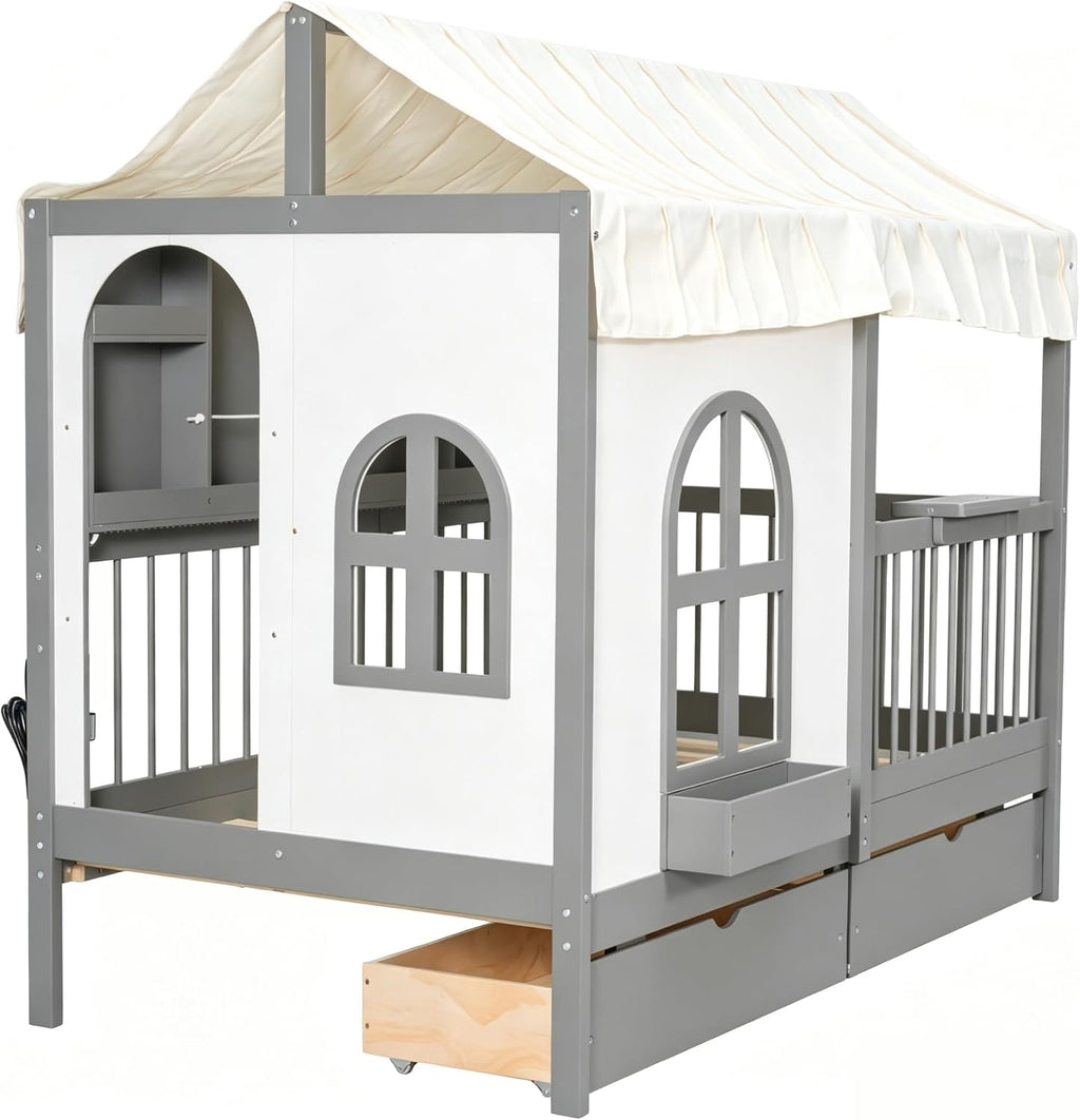 Polibi Twin Size House Bed with 2 Large Drawers, Side Bookshelf with LED Strip, Built-in Charging Board & Soft Tent, Gray Wooden Kids House Bed with Ultra-High Guardrails for Safe Sleep