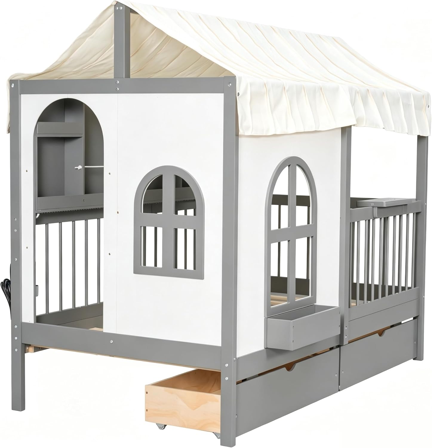 Polibi Twin Size House Bed with 2 Large Drawers, Side Bookshelf with LED Strip, Built-in Charging Board & Soft Tent, Gray Wooden Kids House Bed with Ultra-High Guardrails for Safe Sleep