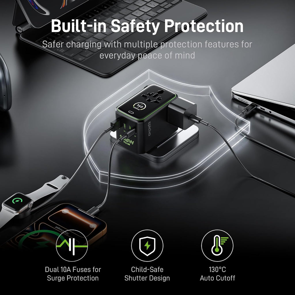 Epicka Pulse Duo 140W Universal Travel Adapter with Smart Display, International Power Adapter with 3.28ft Cable, 2 AC Outlets PD 3.1 PPS Charger Compatible with MacBook, iPhone, Travel Essentials
