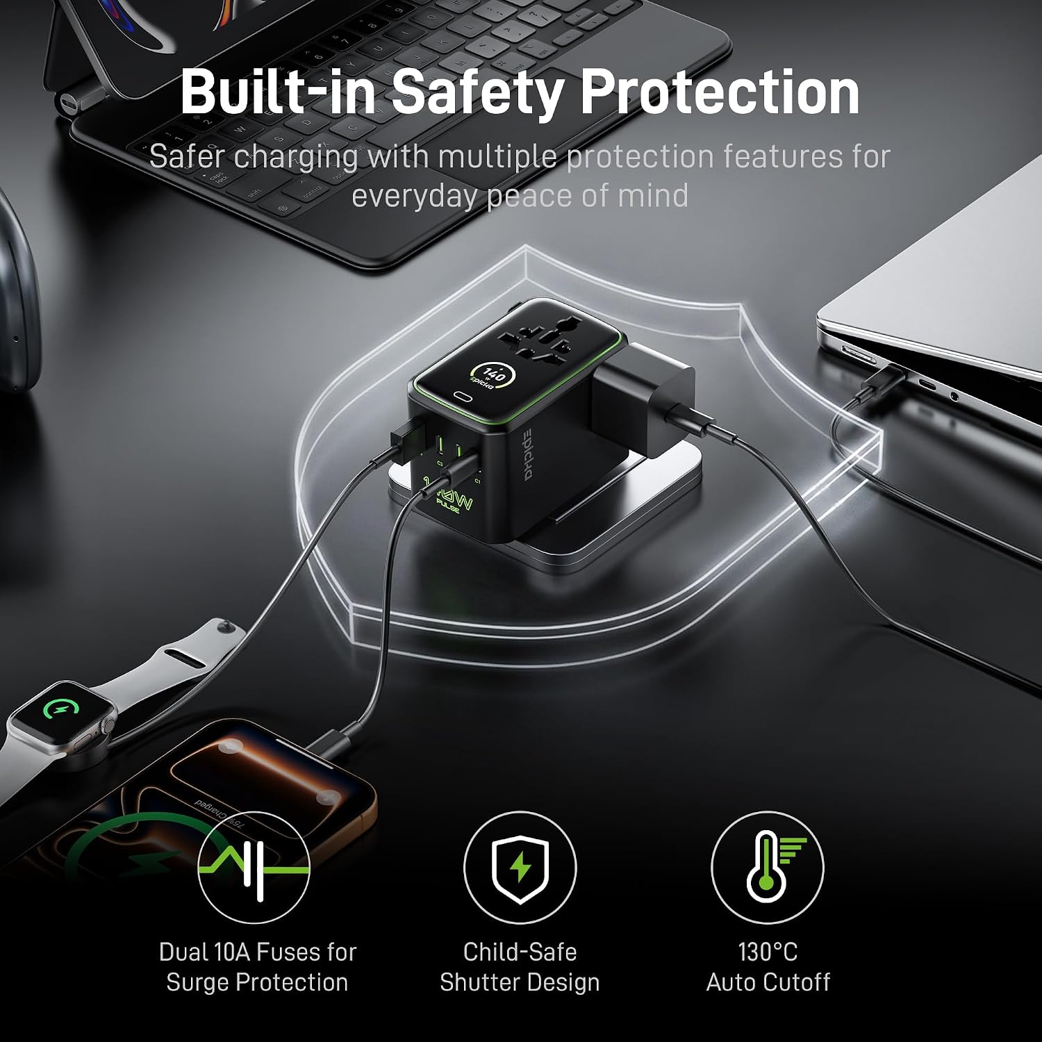 Epicka Pulse Duo 140W Universal Travel Adapter with Smart Display, International Power Adapter with 3.28ft Cable, 2 AC Outlets PD 3.1 PPS Charger Compatible with MacBook, iPhone, Travel Essentials