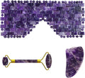 Amethyst Jade Roller Gua Sha Board for Face Lifting Natural Purple Crystal Eye Mask Facial Skin Care Tool,3in1 Set-Pu-YL