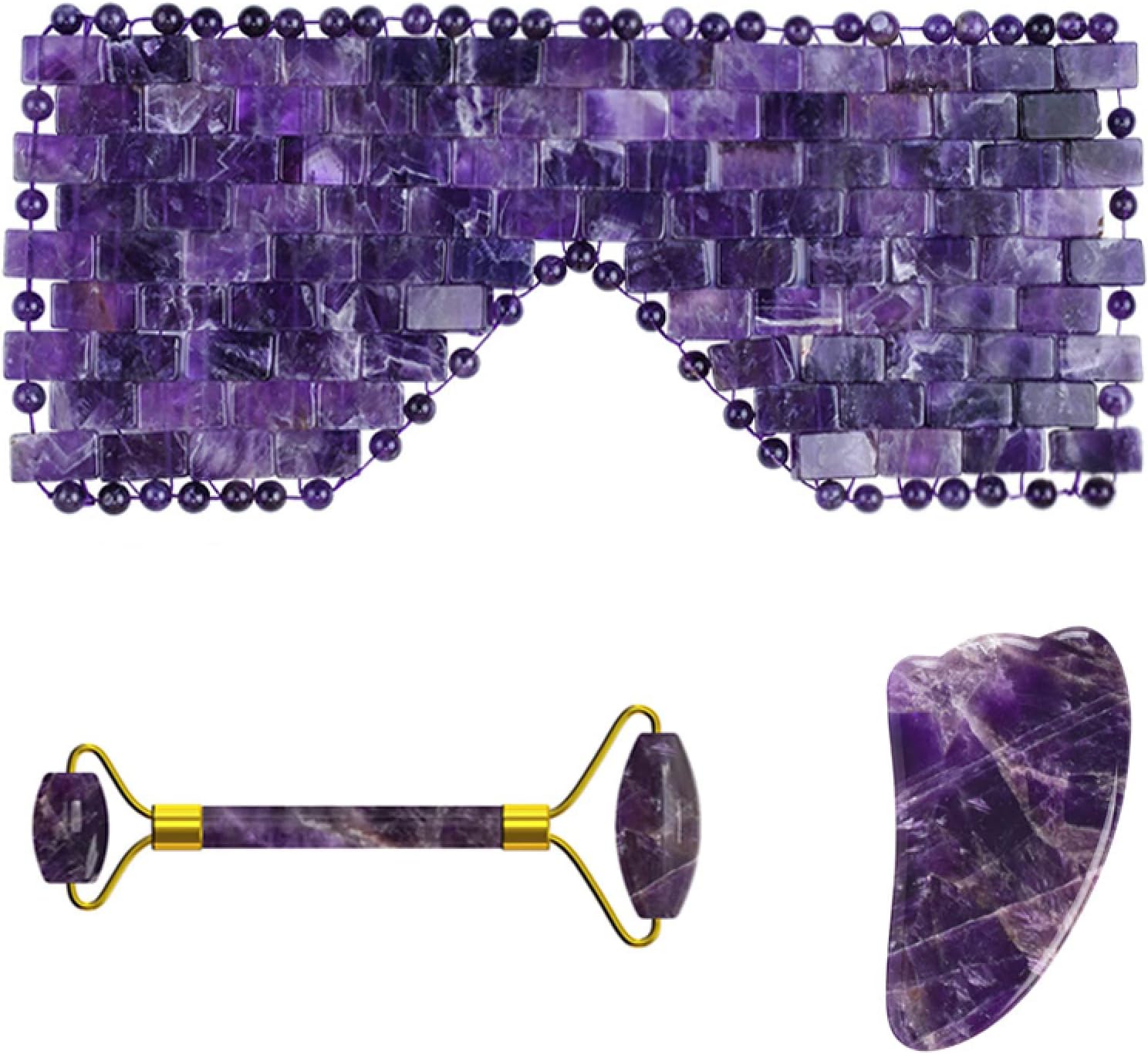 Amethyst Jade Roller Gua Sha Board for Face Lifting Natural Purple Crystal Eye Mask Facial Skin Care Tool,3in1 Set-Pu-YL