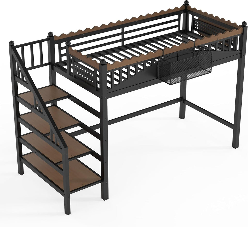 JIVOIT Twin XL Size Metal Loft Bed Frame, Space-Saving Loft Bed with Storage Stairs, Storage Shelves and Bookshelf, Strong Support Slats, Perfect for Bedroom, Guest, Dorms
